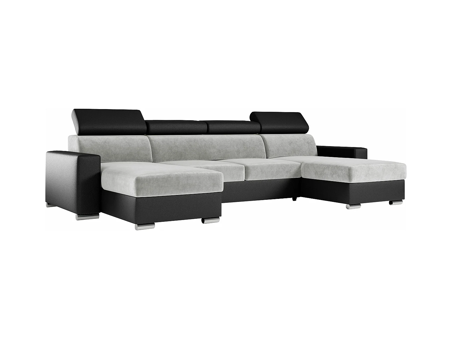 Ecksofa FOX U - verstellbare Kopfstützen, zwei Bettkästen, L-förmige Ecke mit Schlaffunktion, Armlehnen - Hellgrau, Schwarz - Velvet, Kunstleder