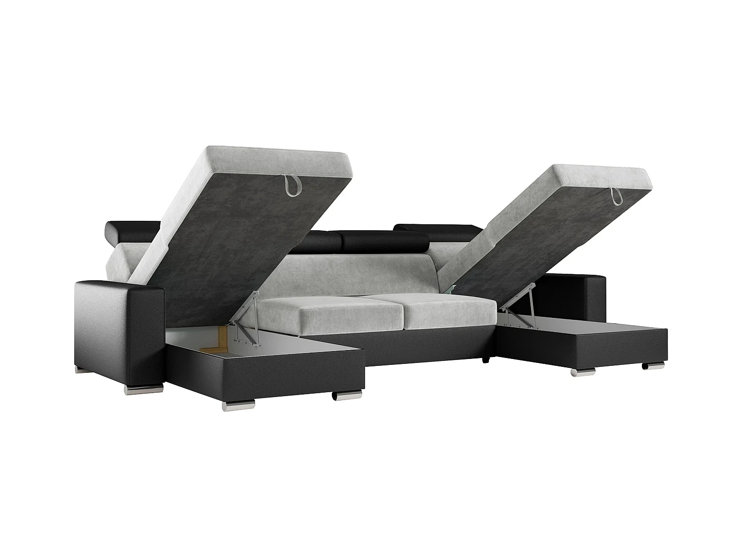 Ecksofa FOX U - verstellbare Kopfstützen, zwei Bettkästen, L-förmige Ecke mit Schlaffunktion, Armlehnen - Hellgrau, Schwarz - Velvet, Kunstleder