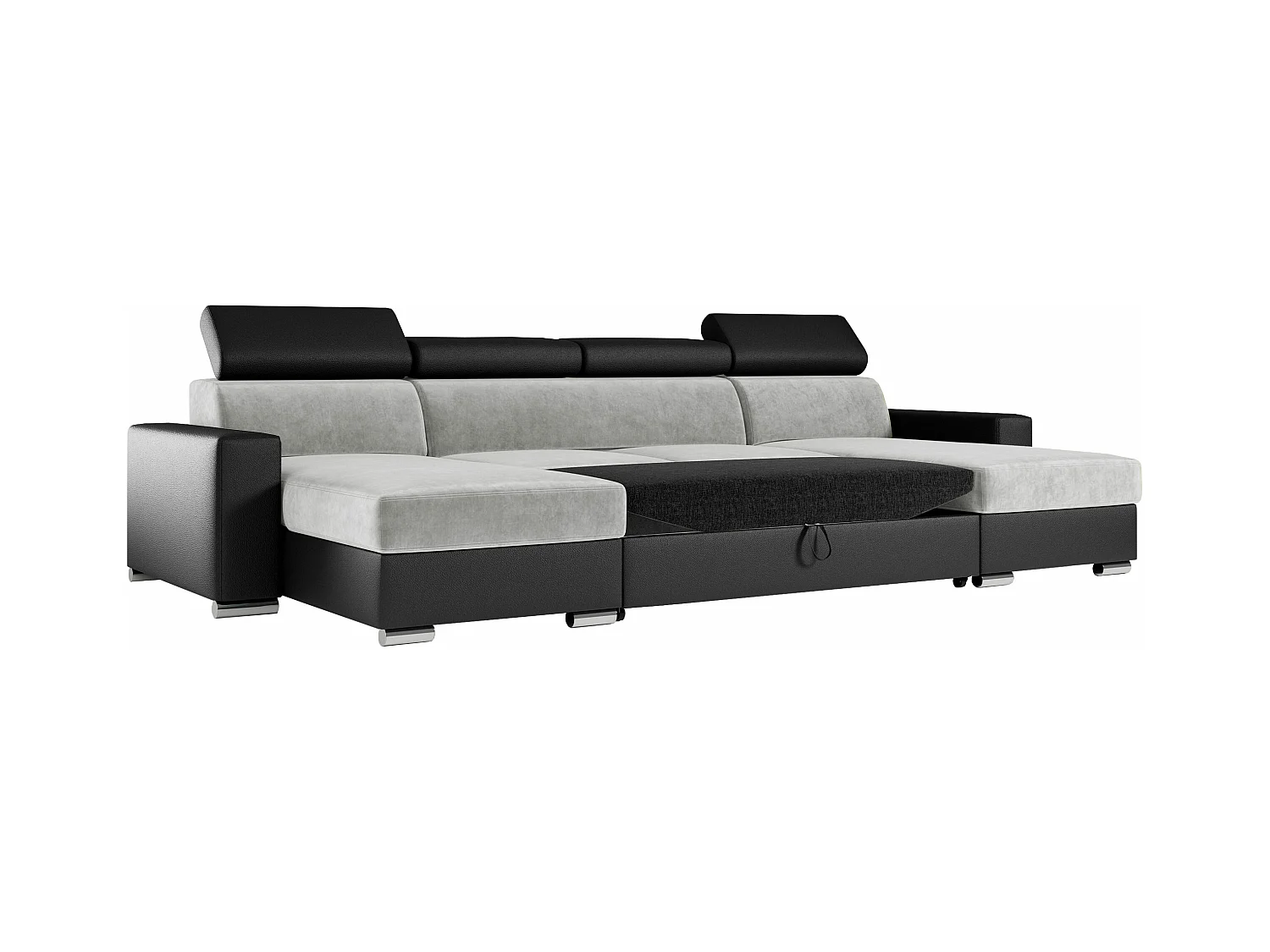 Ecksofa FOX U - verstellbare Kopfstützen, zwei Bettkästen, L-förmige Ecke mit Schlaffunktion, Armlehnen - Hellgrau, Schwarz - Velvet, Kunstleder