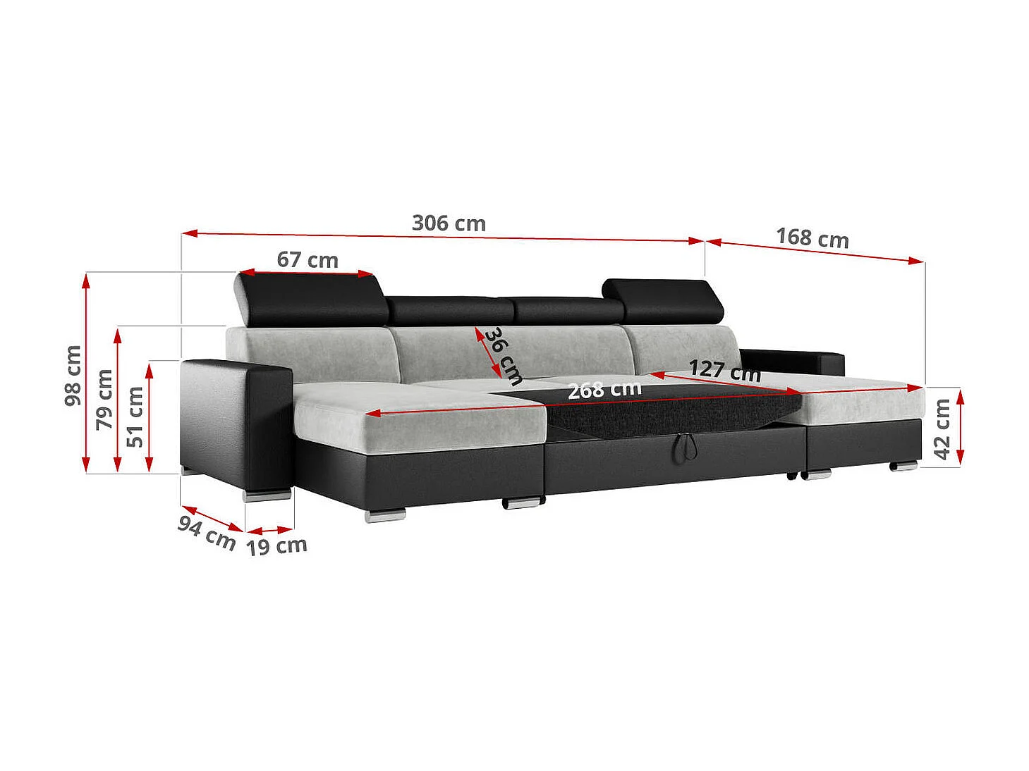 Ecksofa FOX U - verstellbare Kopfstützen, zwei Bettkästen, L-förmige Ecke mit Schlaffunktion, Armlehnen - Hellgrau, Schwarz - Velvet, Kunstleder