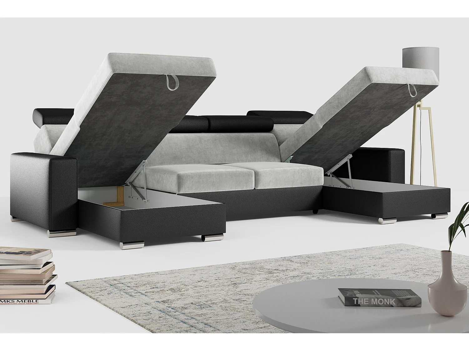 Ecksofa FOX U - verstellbare Kopfstützen, zwei Bettkästen, L-förmige Ecke mit Schlaffunktion, Armlehnen - Hellgrau, Schwarz - Velvet, Kunstleder