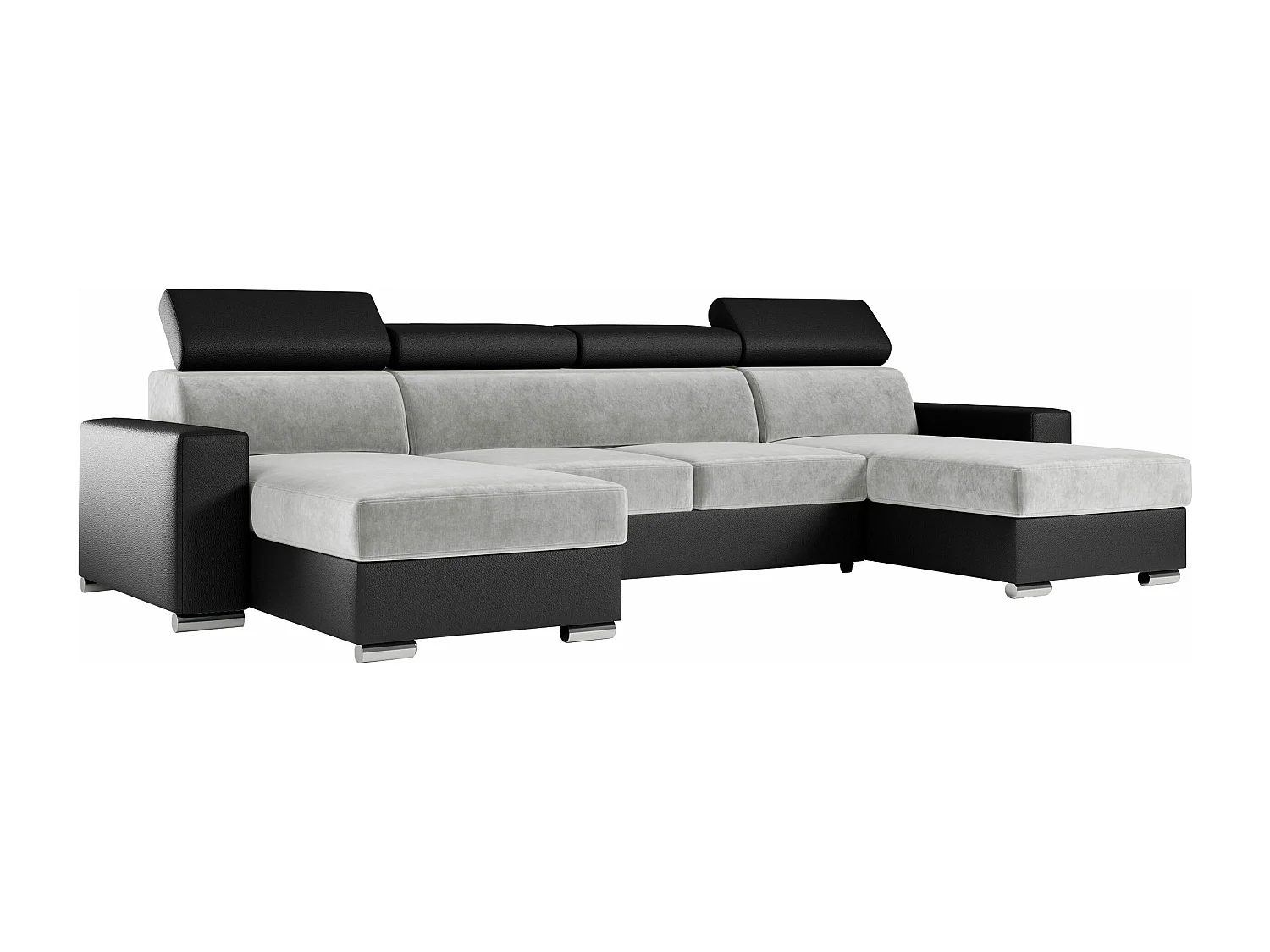 Ecksofa FOX U - verstellbare Kopfstützen, zwei Bettkästen, L-förmige Ecke mit Schlaffunktion, Armlehnen - Hellgrau, Schwarz - Velvet, Kunstleder