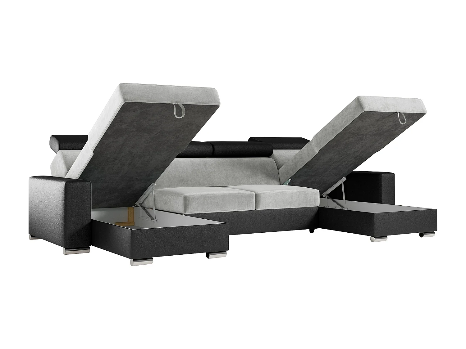 Ecksofa FOX U - verstellbare Kopfstützen, zwei Bettkästen, L-förmige Ecke mit Schlaffunktion, Armlehnen - Hellgrau, Schwarz - Velvet, Kunstleder