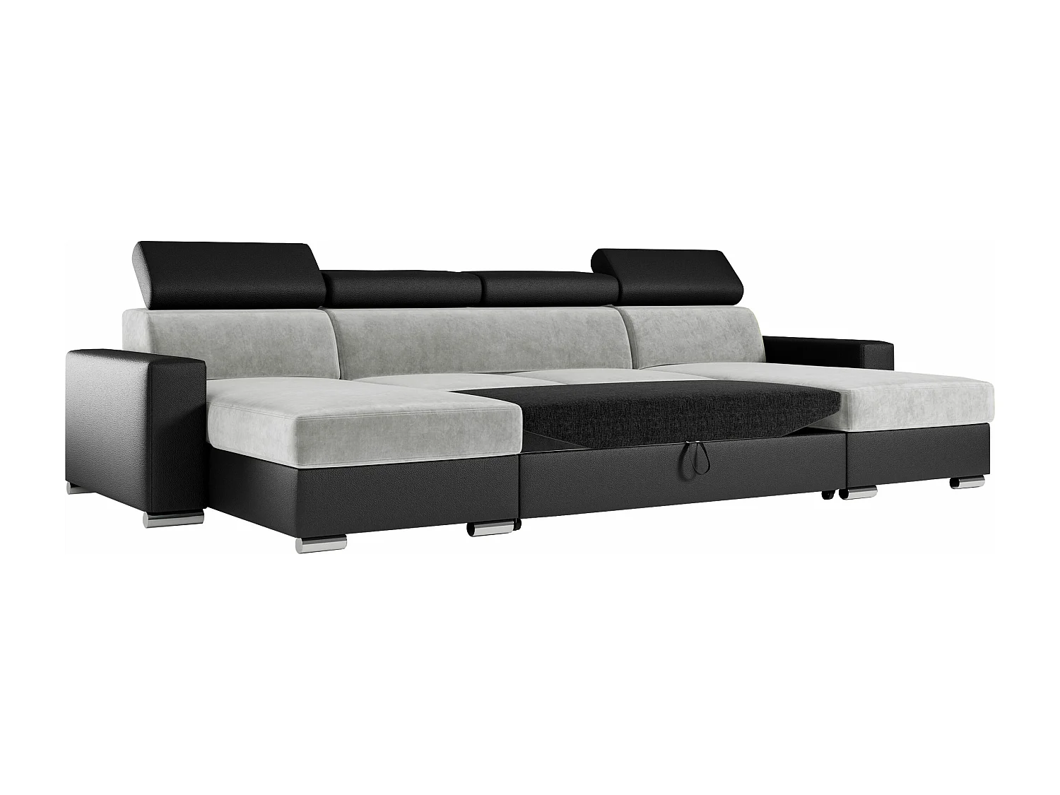 Ecksofa FOX U - verstellbare Kopfstützen, zwei Bettkästen, L-förmige Ecke mit Schlaffunktion, Armlehnen - Hellgrau, Schwarz - Velvet, Kunstleder