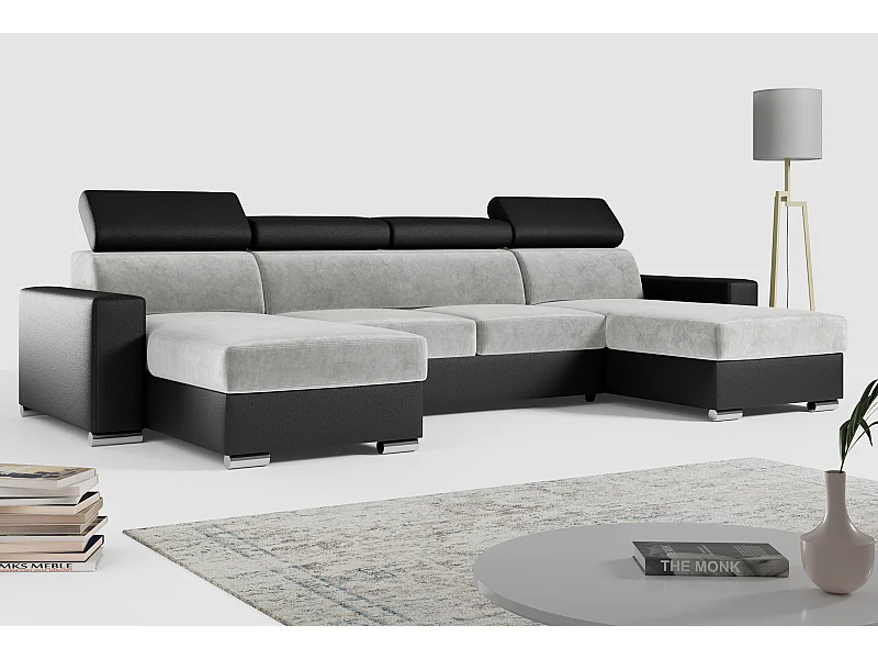 Ecksofa FOX U - verstellbare Kopfstützen, zwei Bettkästen, L-förmige Ecke mit Schlaffunktion, Armlehnen - Hellgrau, Schwarz - Velvet, Kunstleder