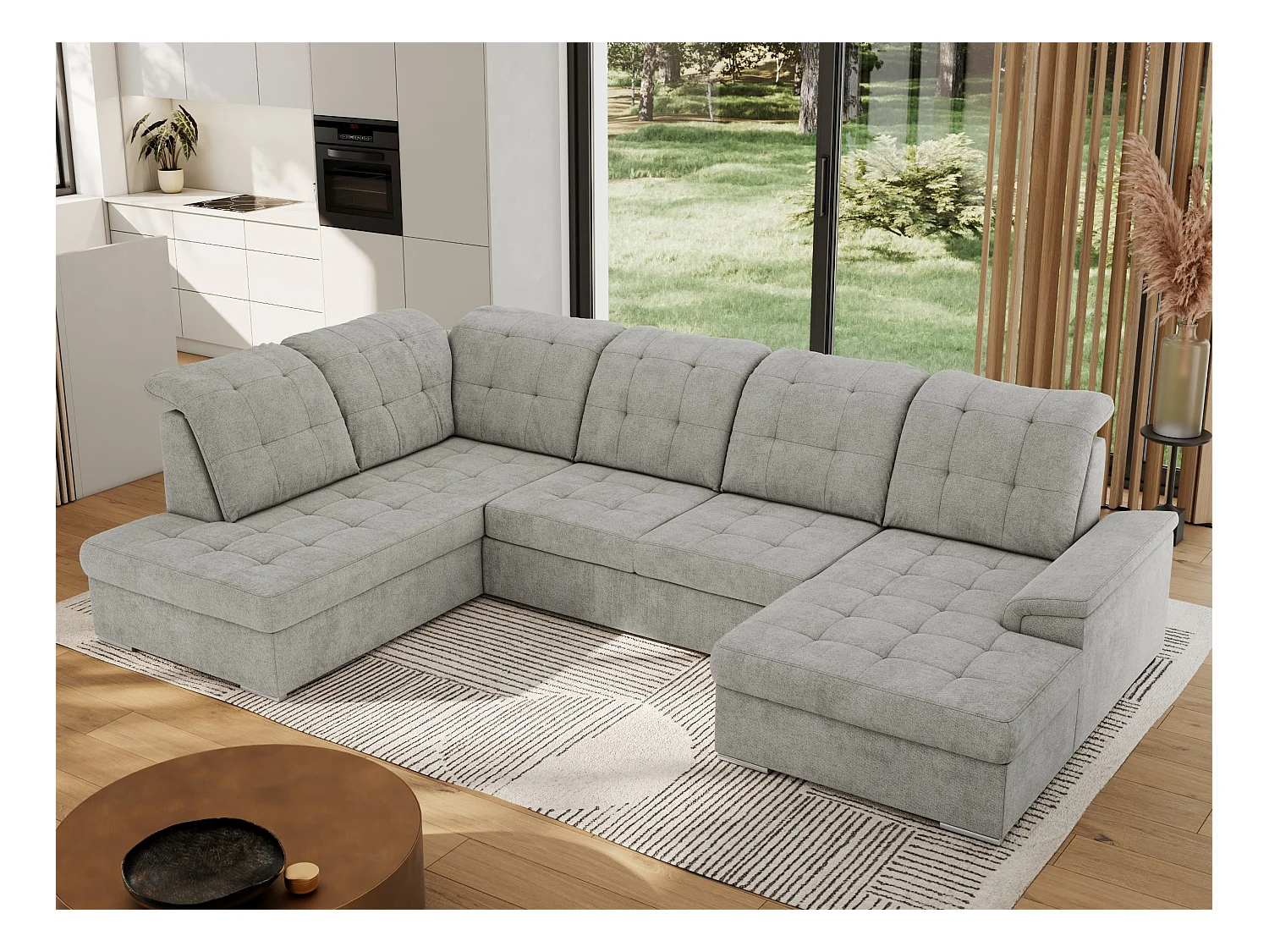 Ecksofa MADRITO U - mit verstellbarer Rückenlehne, Armlehne, L-förmige Ecke, Bettkasten - Hellgrau Struktur - Ecke Links