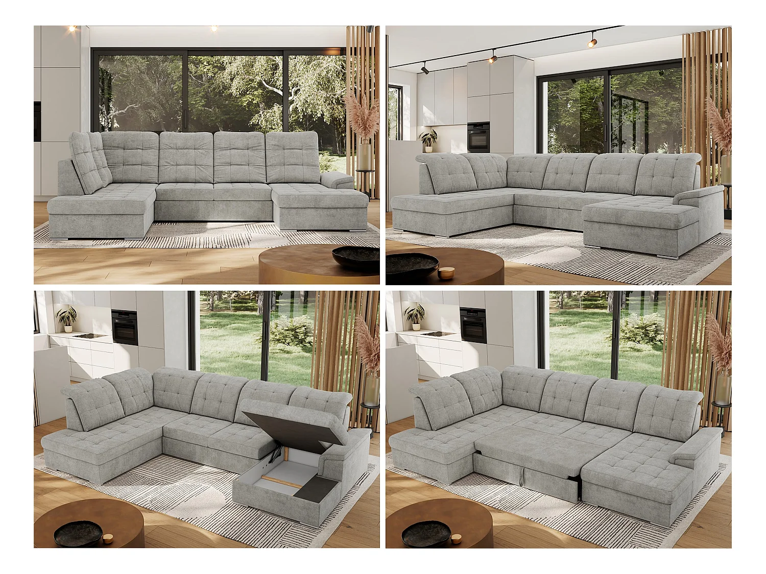 Ecksofa MADRITO U - mit verstellbarer Rückenlehne, Armlehne, L-förmige Ecke, Bettkasten - Hellgrau Struktur - Ecke Links