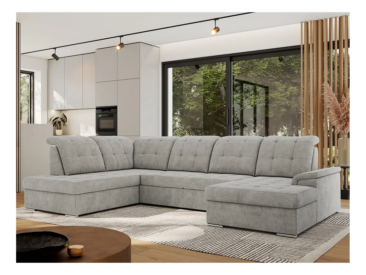 Ecksofa MADRITO U - mit verstellbarer Rückenlehne, Armlehne, L-förmige Ecke, Bettkasten - Hellgrau Struktur - Ecke Links