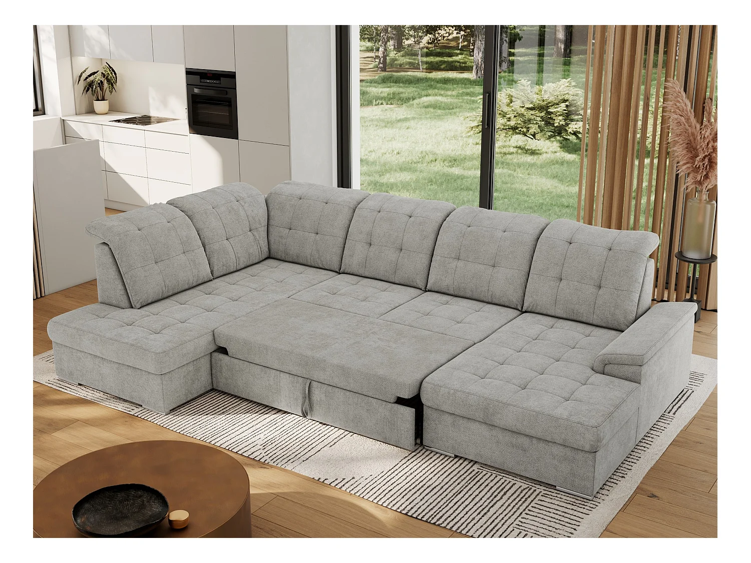 Ecksofa MADRITO U - mit verstellbarer Rückenlehne, Armlehne, L-förmige Ecke, Bettkasten - Hellgrau Struktur - Ecke Links