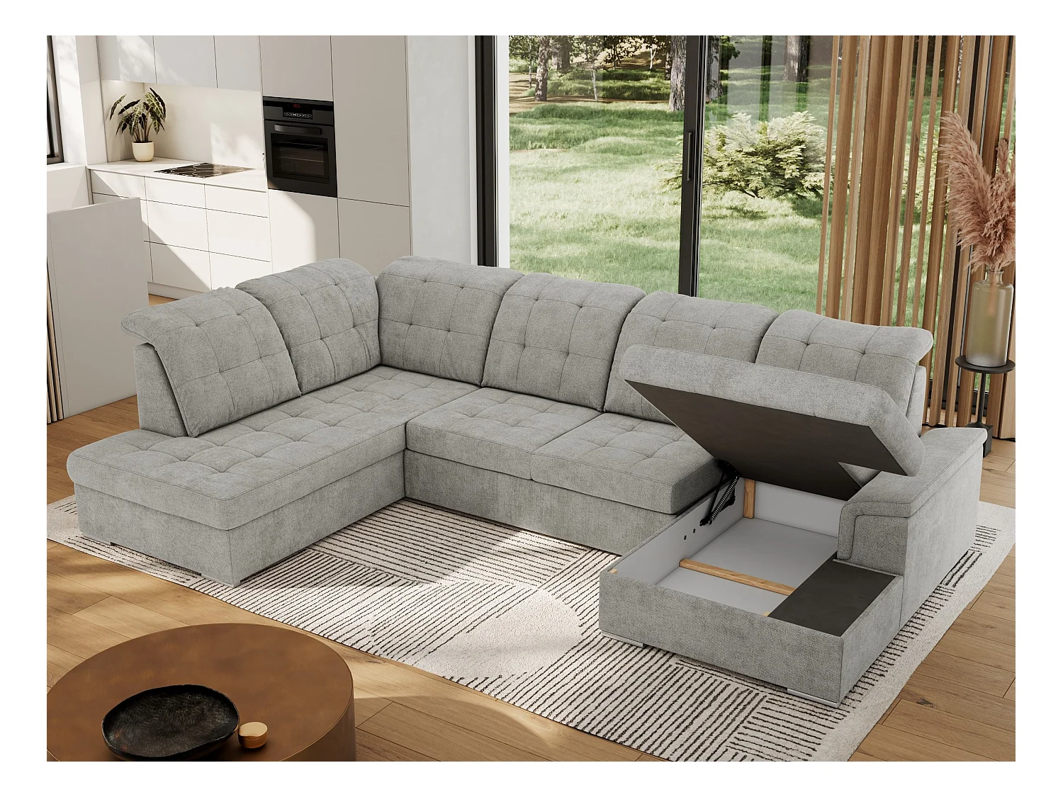 Ecksofa MADRITO U - mit verstellbarer Rückenlehne, Armlehne, L-förmige Ecke, Bettkasten - Hellgrau Struktur - Ecke Links