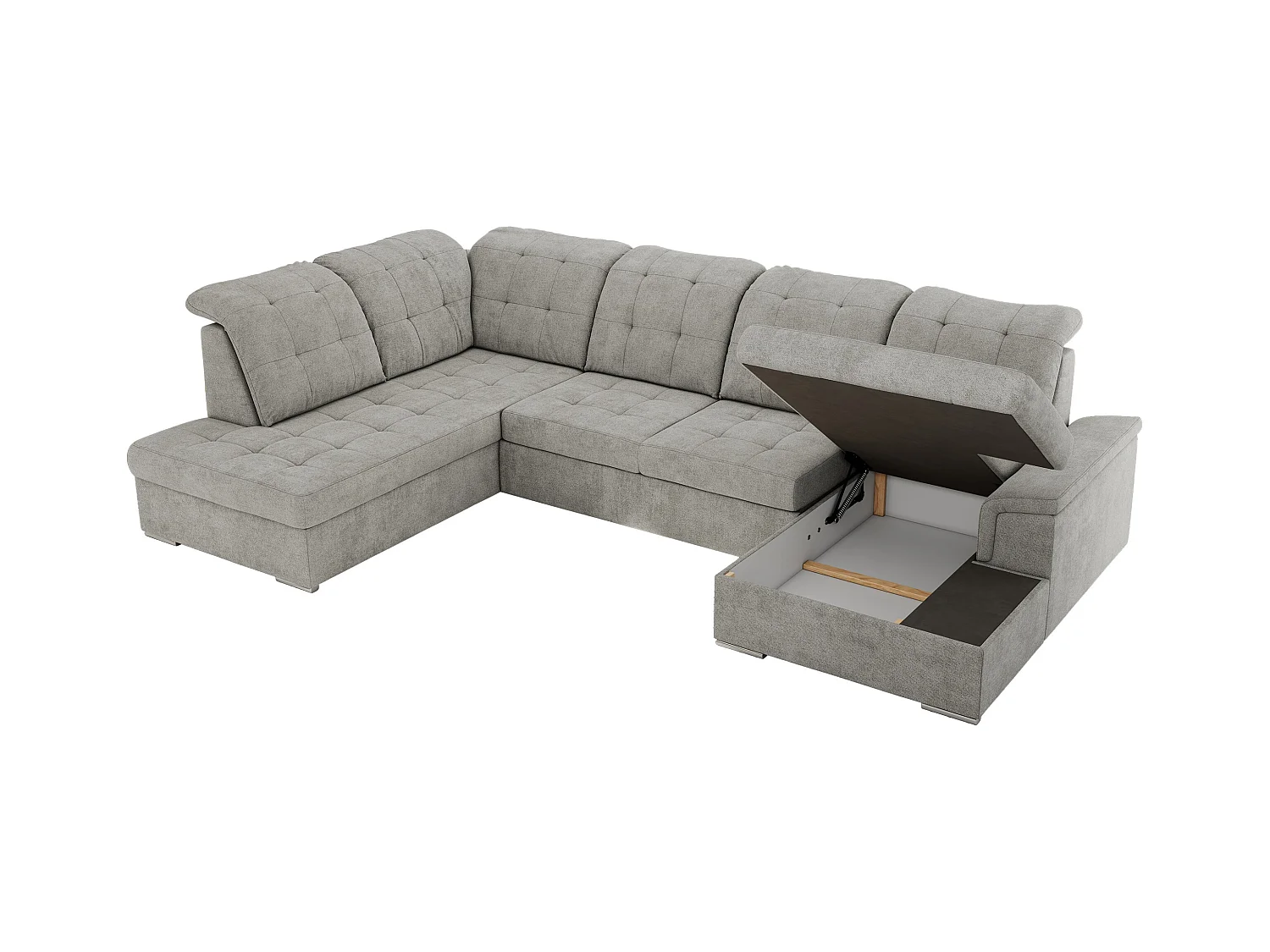 Ecksofa MADRITO U - mit verstellbarer Rückenlehne, Armlehne, L-förmige Ecke, Bettkasten - Hellgrau Struktur - Ecke Links