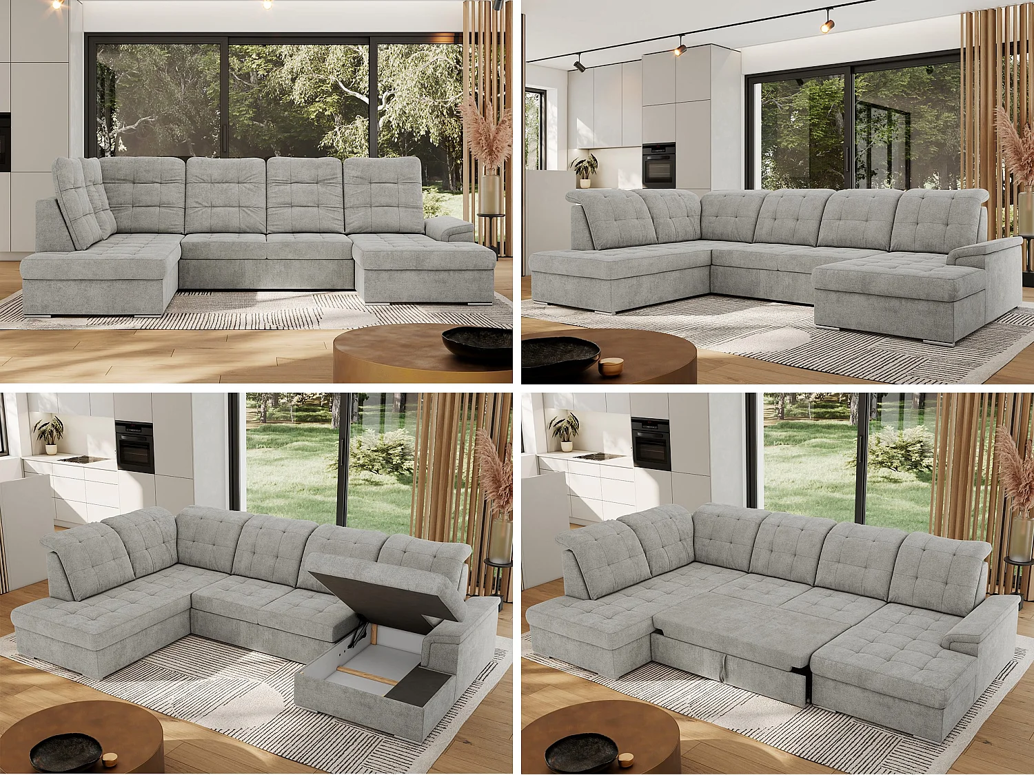 Ecksofa MADRITO U - mit verstellbarer Rückenlehne, Armlehne, L-förmige Ecke, Bettkasten - Hellgrau Struktur - Ecke Links