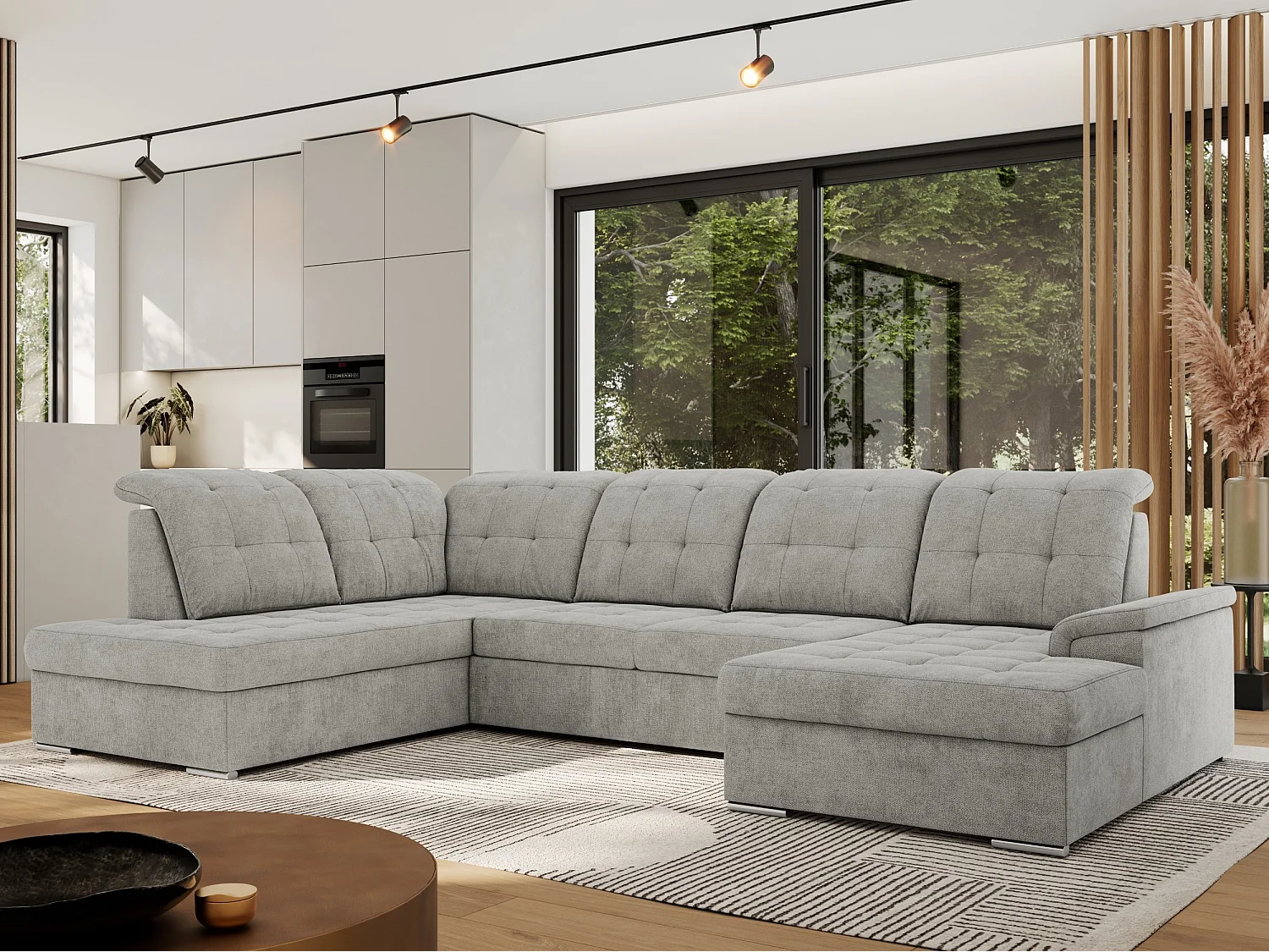 Ecksofa MADRITO U - mit verstellbarer Rückenlehne, Armlehne, L-förmige Ecke, Bettkasten - Hellgrau Struktur - Ecke Links