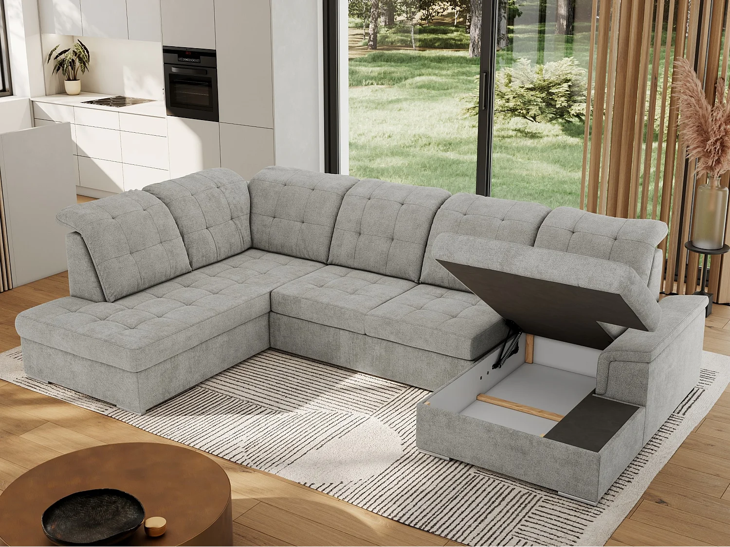 Ecksofa MADRITO U - mit verstellbarer Rückenlehne, Armlehne, L-förmige Ecke, Bettkasten - Hellgrau Struktur - Ecke Links