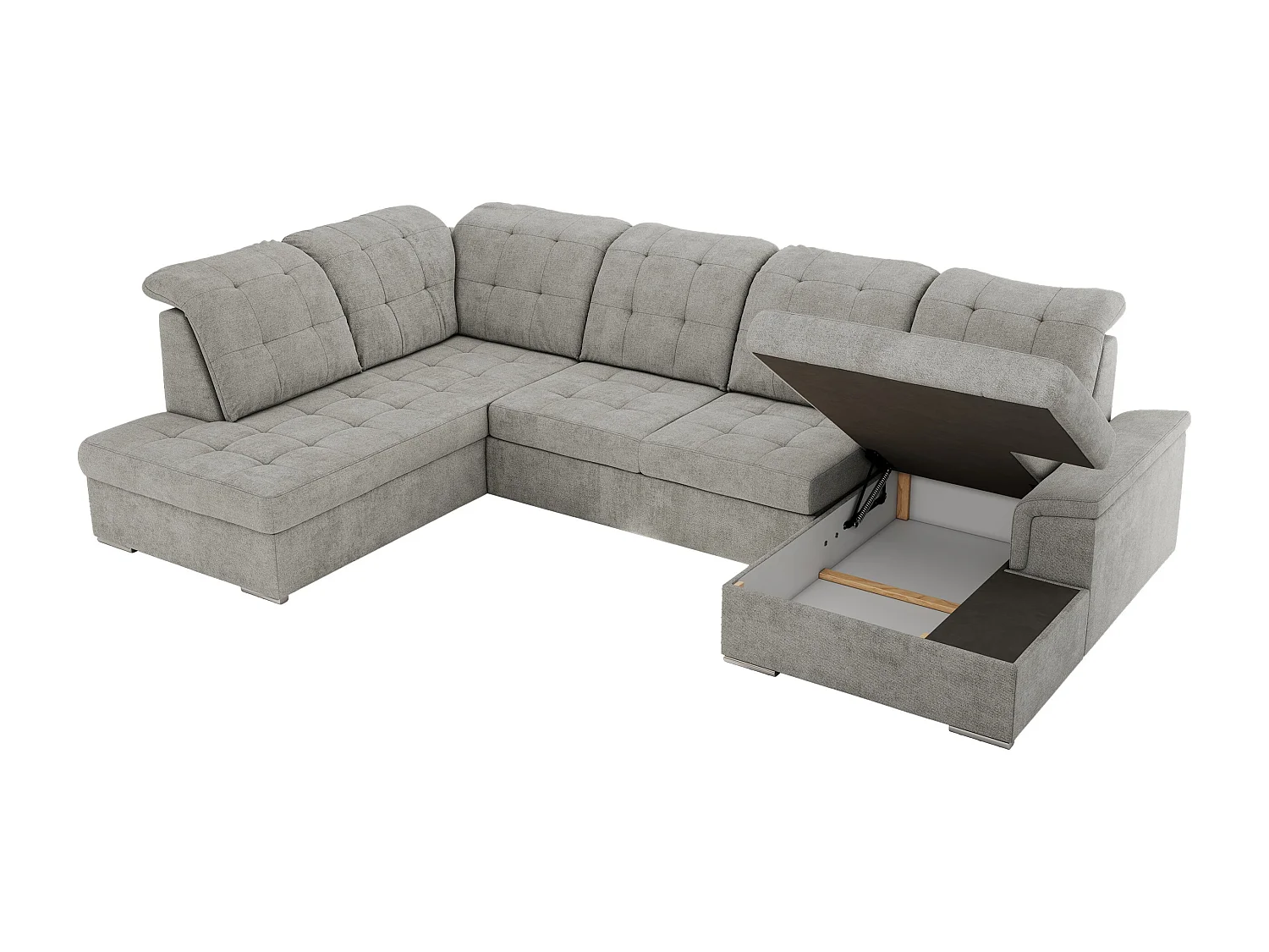 Ecksofa MADRITO U - mit verstellbarer Rückenlehne, Armlehne, L-förmige Ecke, Bettkasten - Hellgrau Struktur - Ecke Links