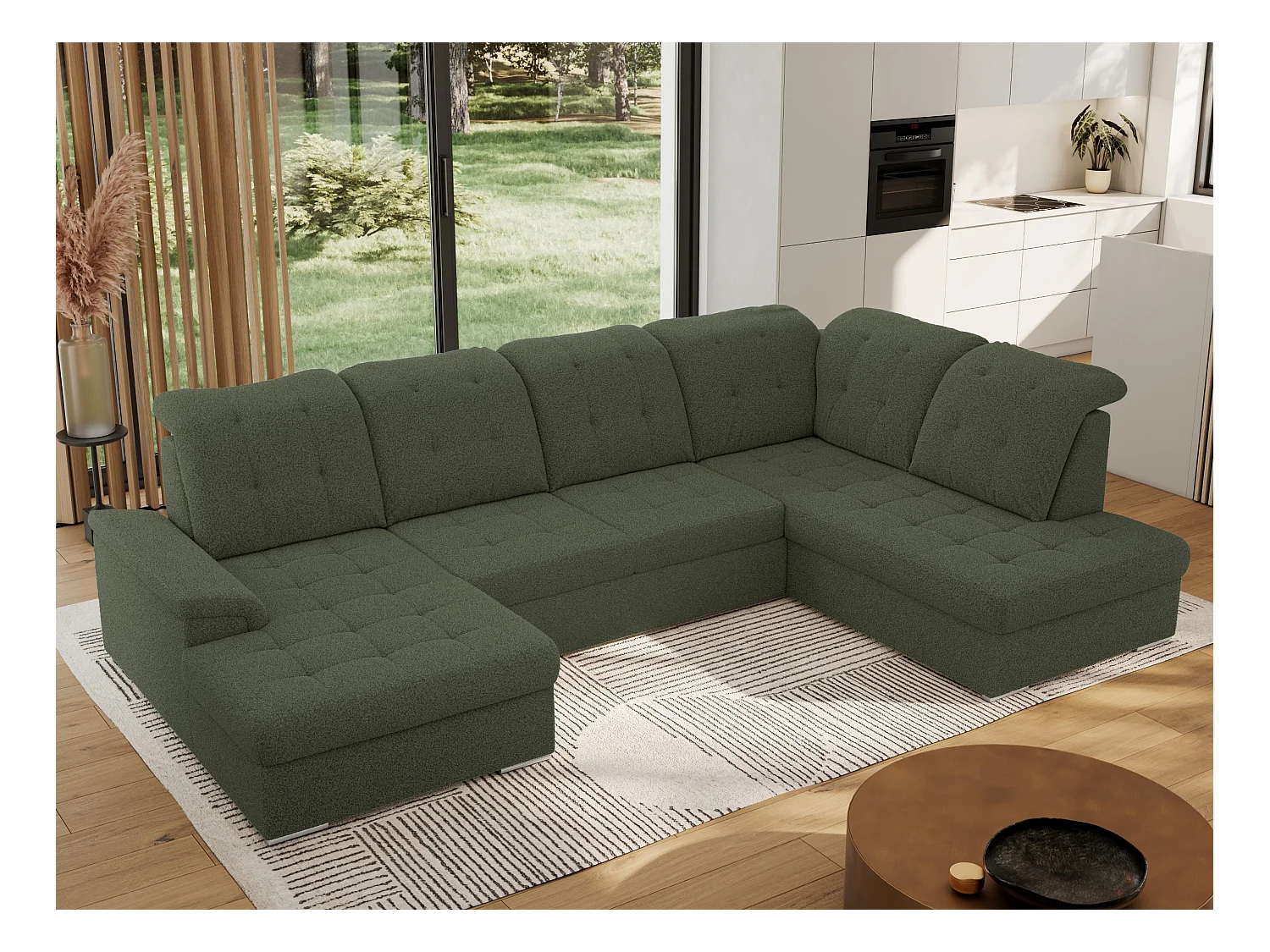 Ecksofa MADRITO U - mit verstellbarer Rückenlehne, Armlehne, L-förmige Ecke, Bettkasten - Grün Boucle - Ecke Rechts