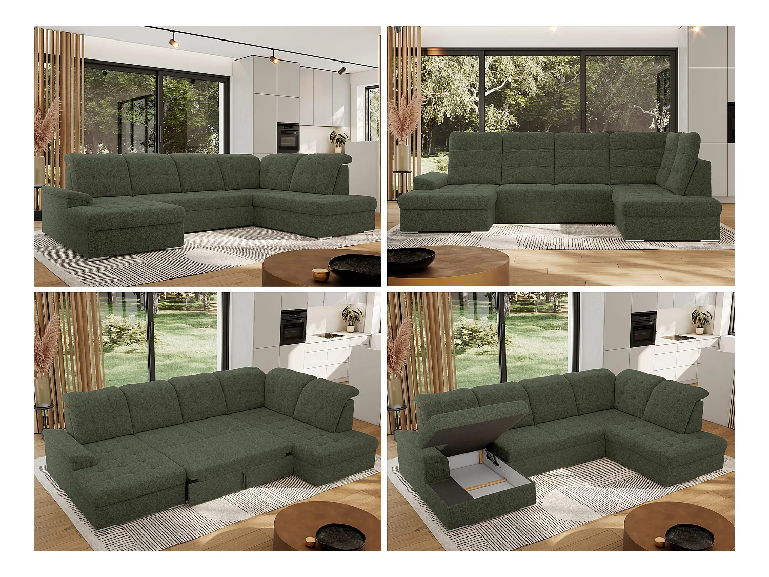 Ecksofa MADRITO U - mit verstellbarer Rückenlehne, Armlehne, L-förmige Ecke, Bettkasten - Grün Boucle - Ecke Rechts