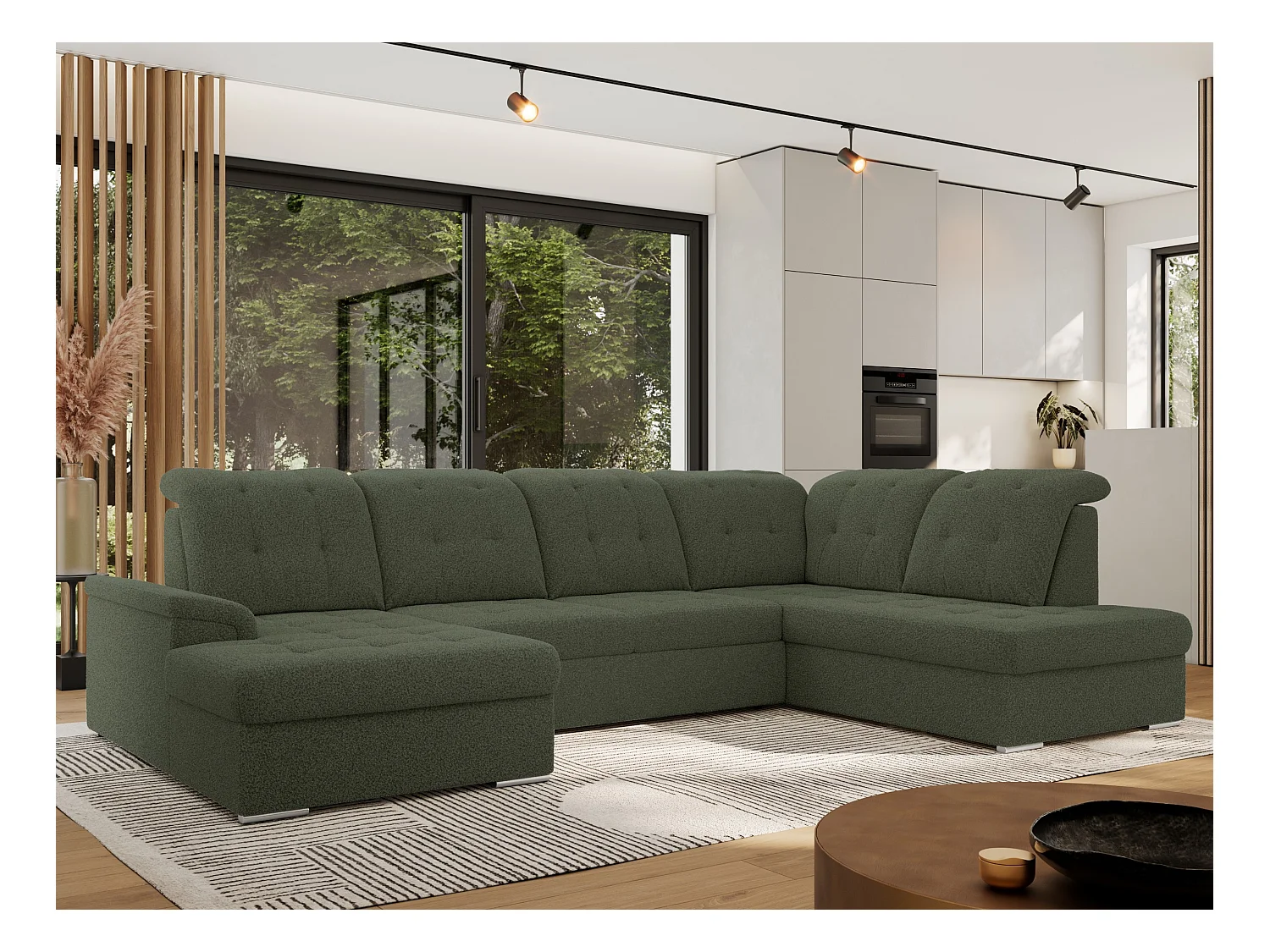 Ecksofa MADRITO U - mit verstellbarer Rückenlehne, Armlehne, L-förmige Ecke, Bettkasten - Grün Boucle - Ecke Rechts