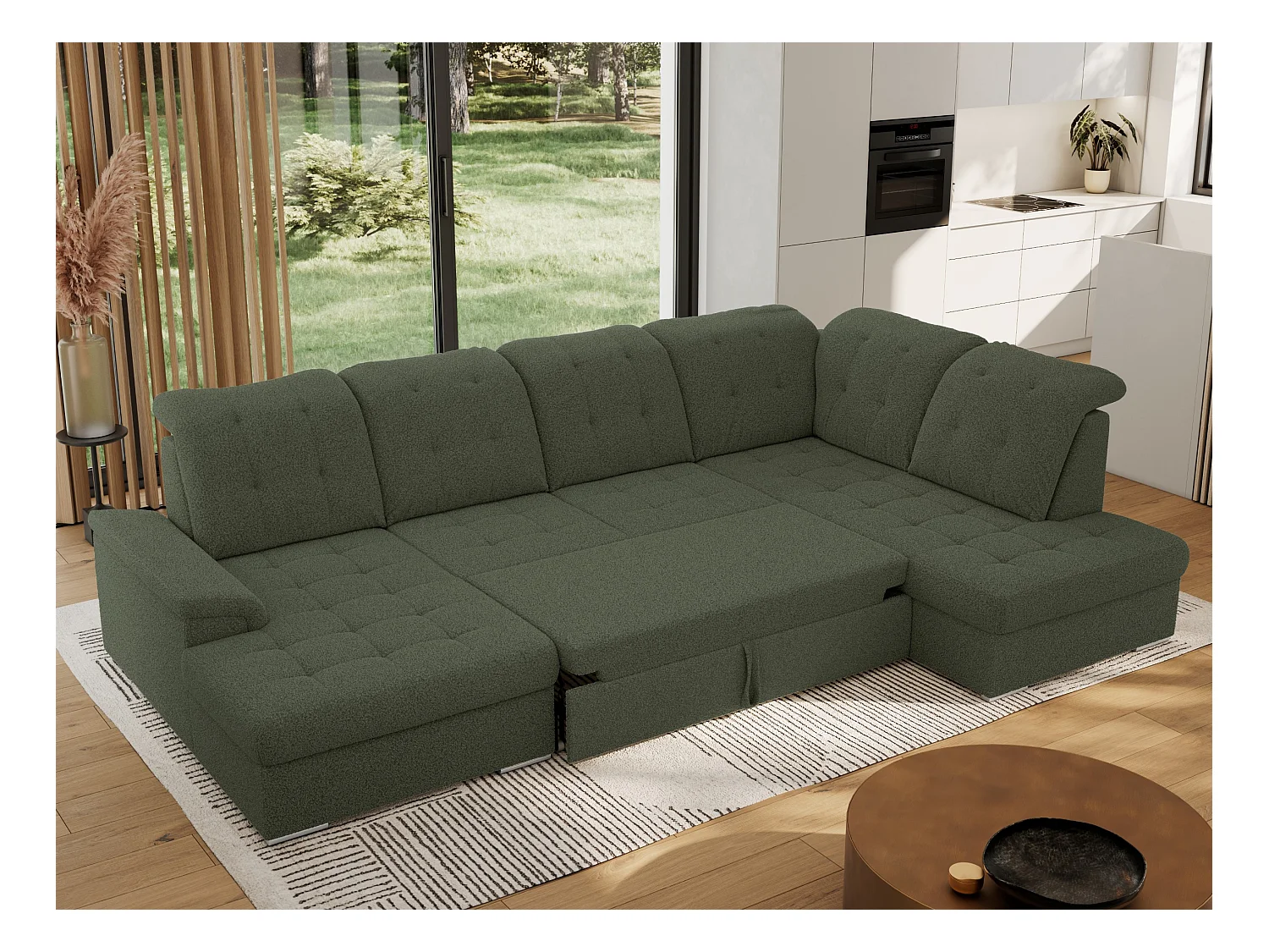 Ecksofa MADRITO U - mit verstellbarer Rückenlehne, Armlehne, L-förmige Ecke, Bettkasten - Grün Boucle - Ecke Rechts