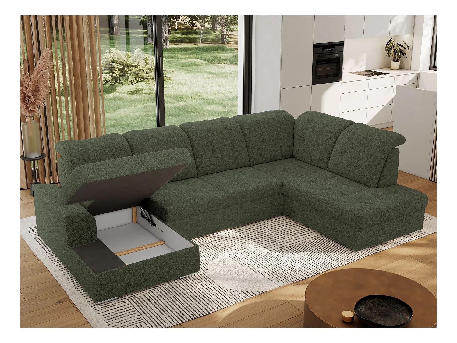 Ecksofa MADRITO U - mit verstellbarer Rückenlehne, Armlehne, L-förmige Ecke, Bettkasten - Grün Boucle - Ecke Rechts