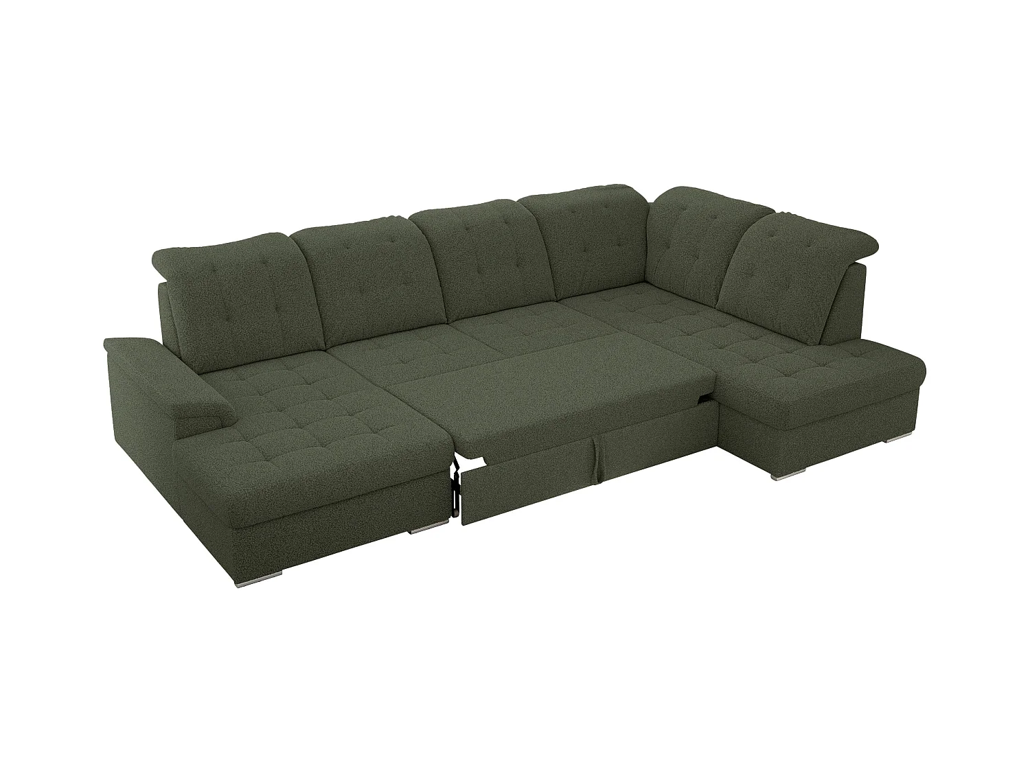 Ecksofa MADRITO U - mit verstellbarer Rückenlehne, Armlehne, L-förmige Ecke, Bettkasten - Grün Boucle - Ecke Rechts