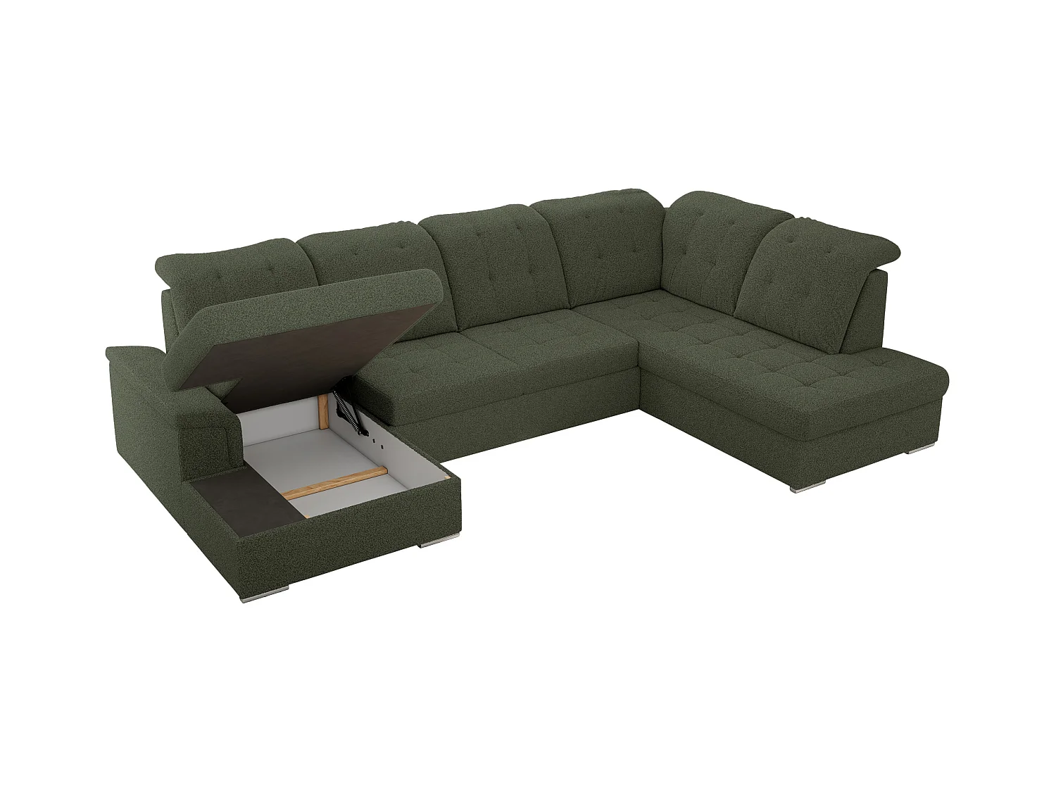 Ecksofa MADRITO U - mit verstellbarer Rückenlehne, Armlehne, L-förmige Ecke, Bettkasten - Grün Boucle - Ecke Rechts