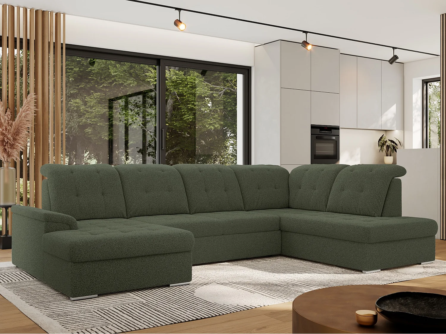 Ecksofa MADRITO U - mit verstellbarer Rückenlehne, Armlehne, L-förmige Ecke, Bettkasten - Grün Boucle - Ecke Rechts