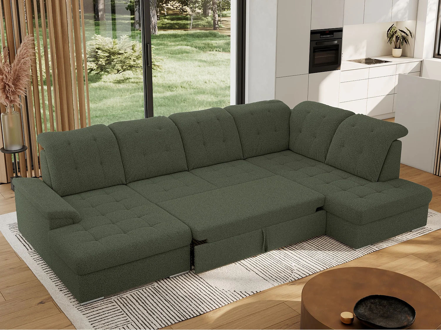 Ecksofa MADRITO U - mit verstellbarer Rückenlehne, Armlehne, L-förmige Ecke, Bettkasten - Grün Boucle - Ecke Rechts