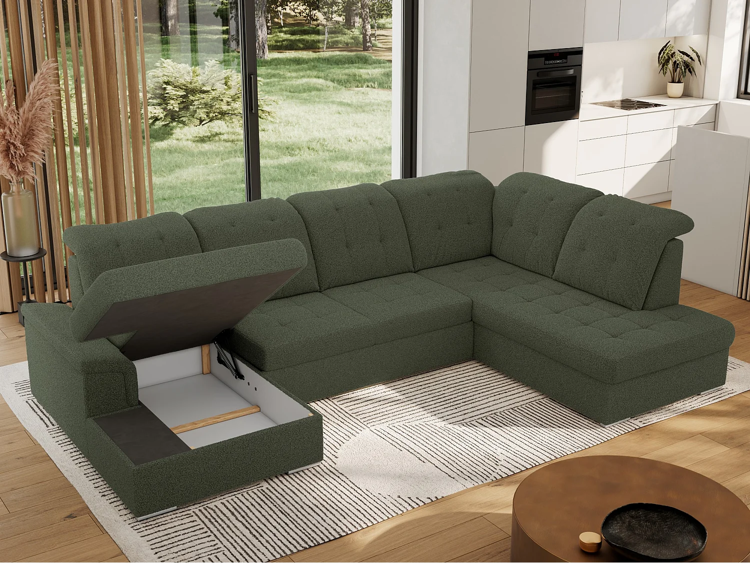 Ecksofa MADRITO U - mit verstellbarer Rückenlehne, Armlehne, L-förmige Ecke, Bettkasten - Grün Boucle - Ecke Rechts