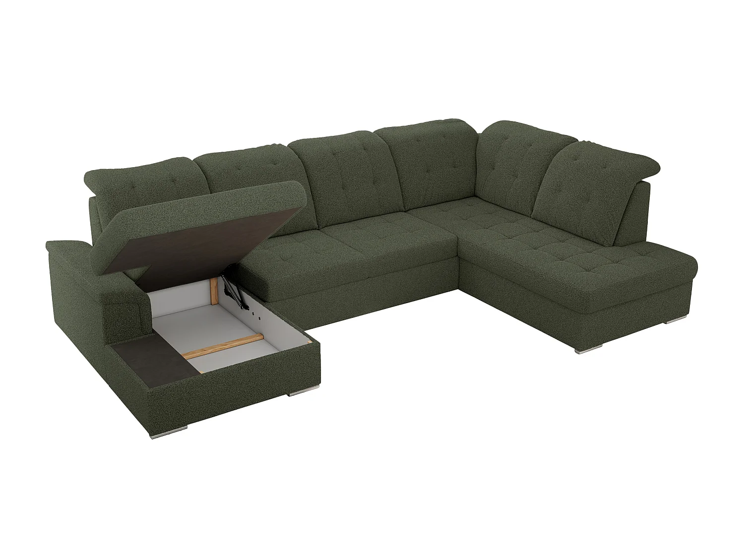 Ecksofa MADRITO U - mit verstellbarer Rückenlehne, Armlehne, L-förmige Ecke, Bettkasten - Grün Boucle - Ecke Rechts