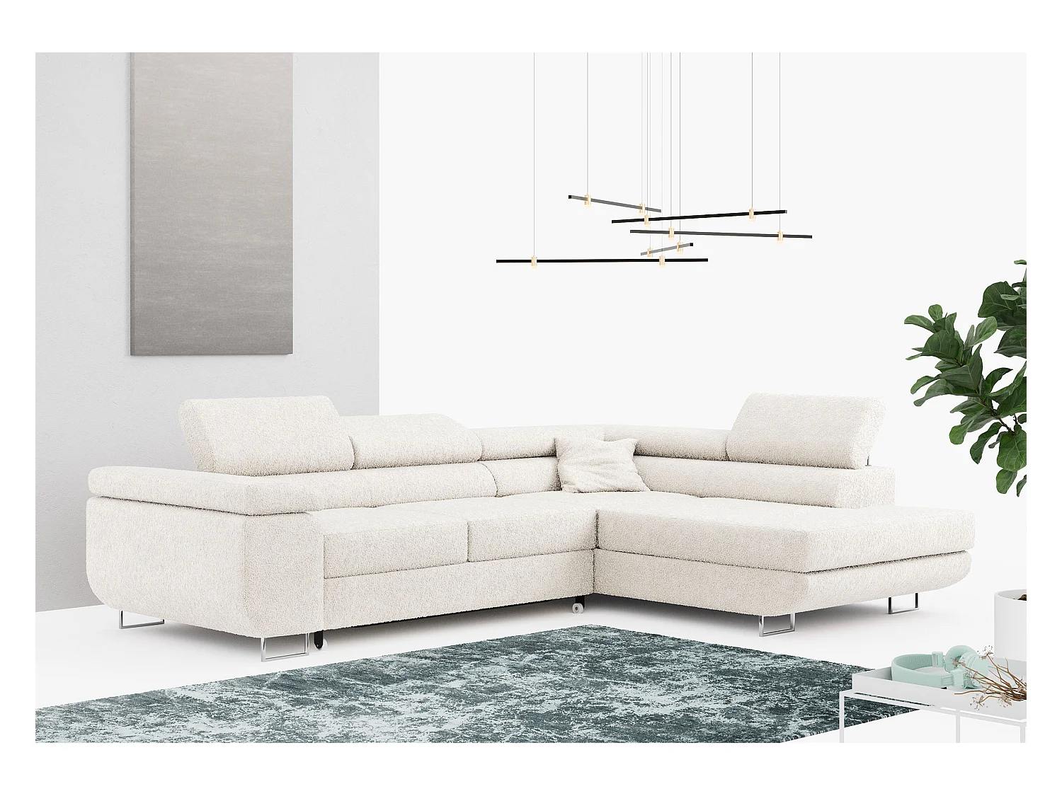 Ecksofa GUSTAW - mit Schlaffunktion, verstellbare Kopfstützen, Metallbeine - Weiß Boucle - Ecke Rechts