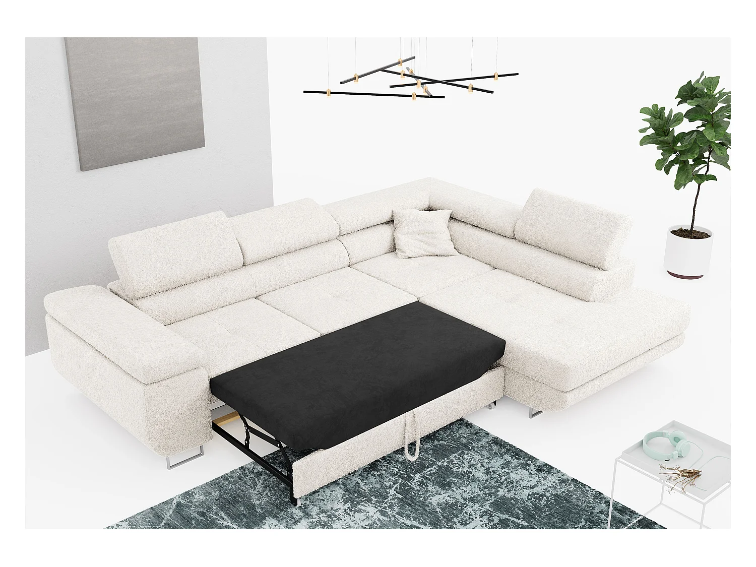 Ecksofa GUSTAW - mit Schlaffunktion, verstellbare Kopfstützen, Metallbeine - Weiß Boucle - Ecke Rechts