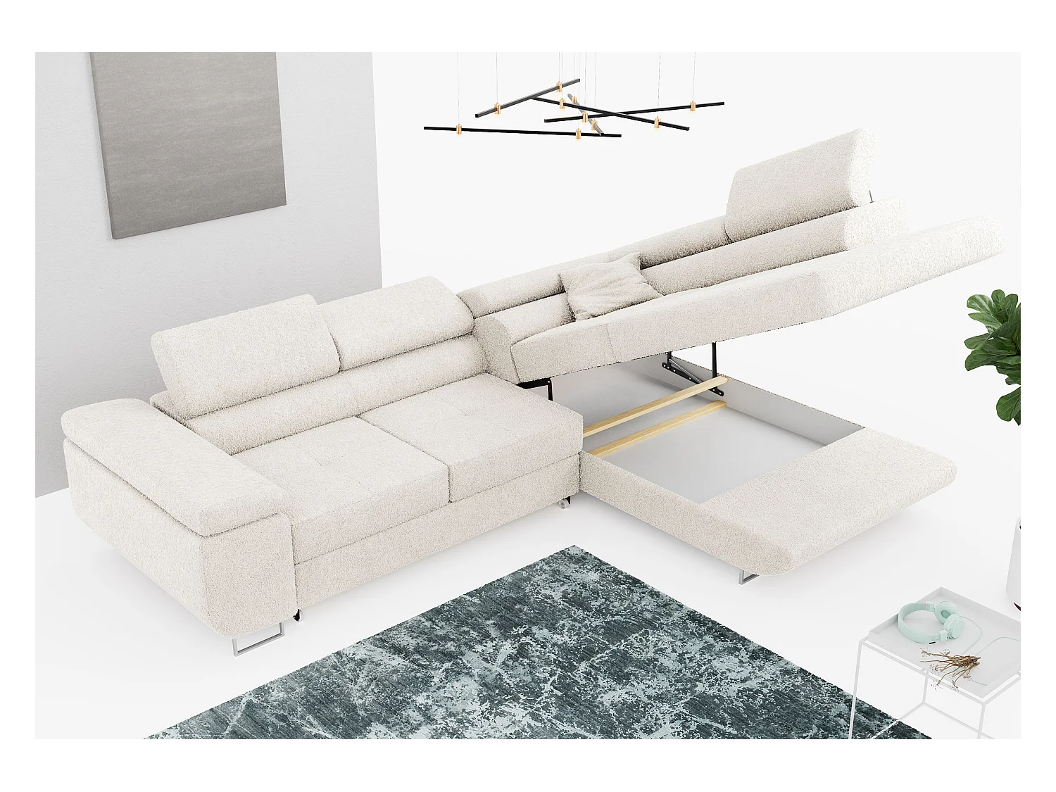 Ecksofa GUSTAW - mit Schlaffunktion, verstellbare Kopfstützen, Metallbeine - Weiß Boucle - Ecke Rechts