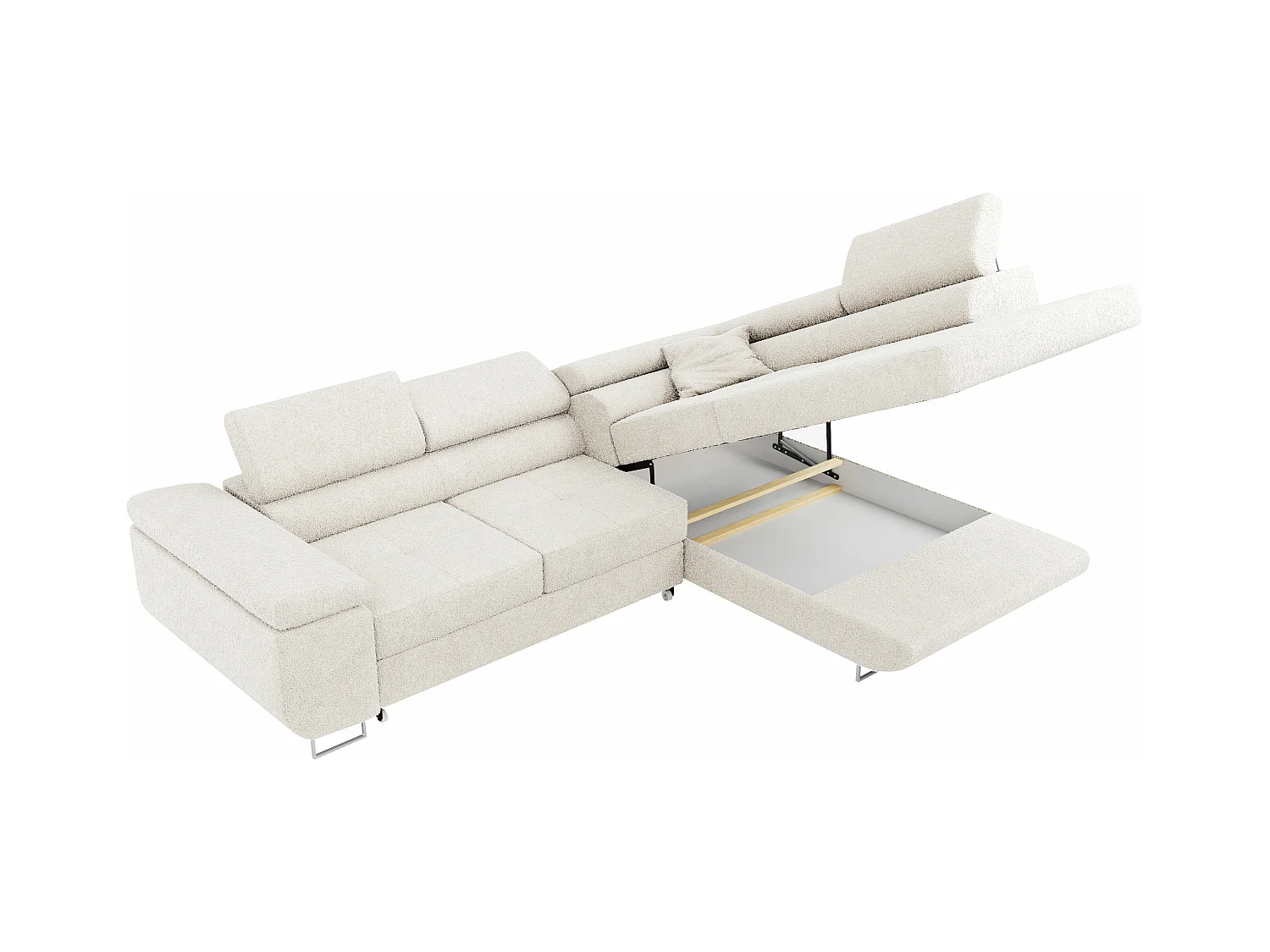 Ecksofa GUSTAW - mit Schlaffunktion, verstellbare Kopfstützen, Metallbeine - Weiß Boucle - Ecke Rechts