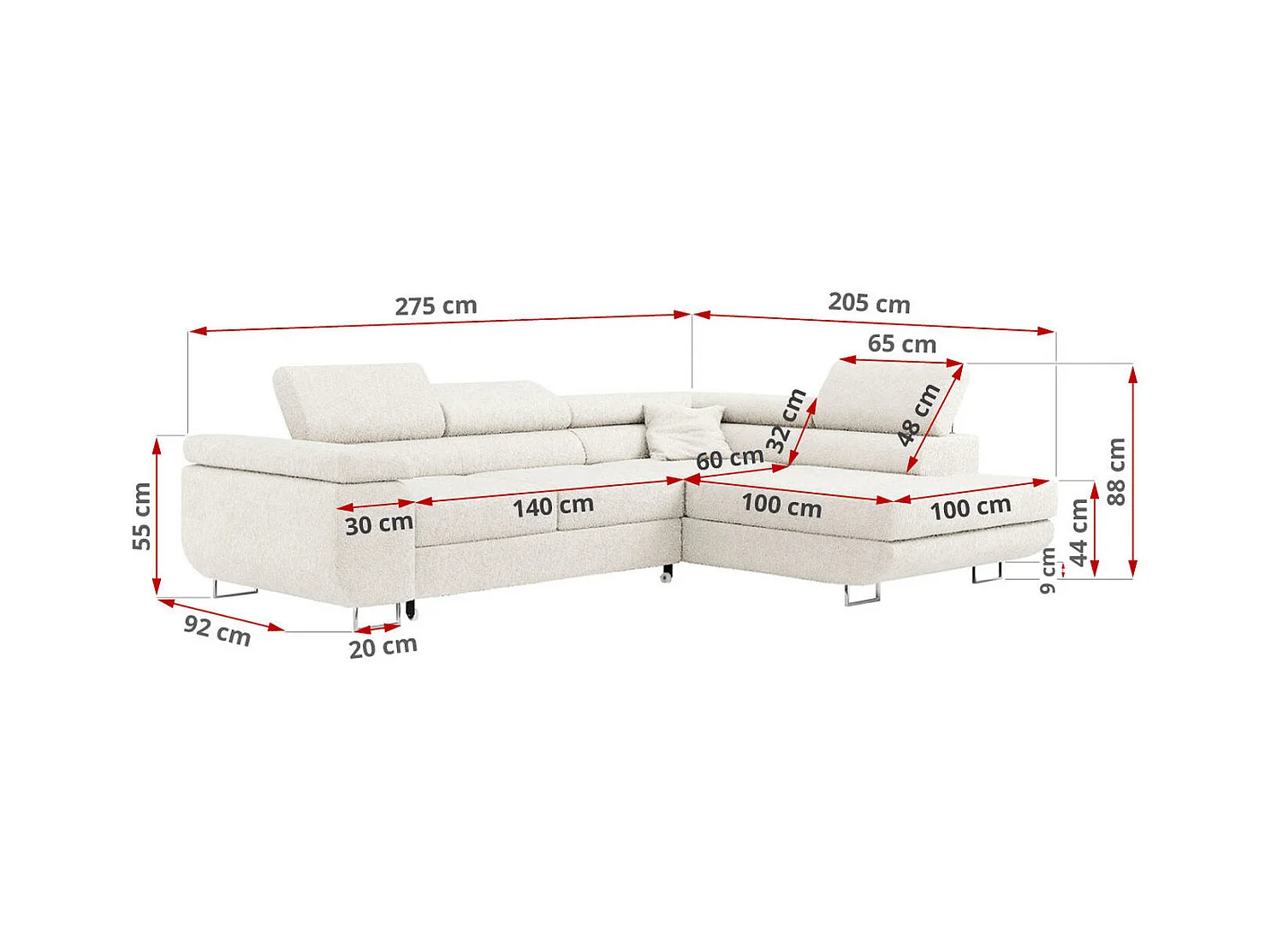 Ecksofa GUSTAW - mit Schlaffunktion, verstellbare Kopfstützen, Metallbeine - Weiß Boucle - Ecke Rechts