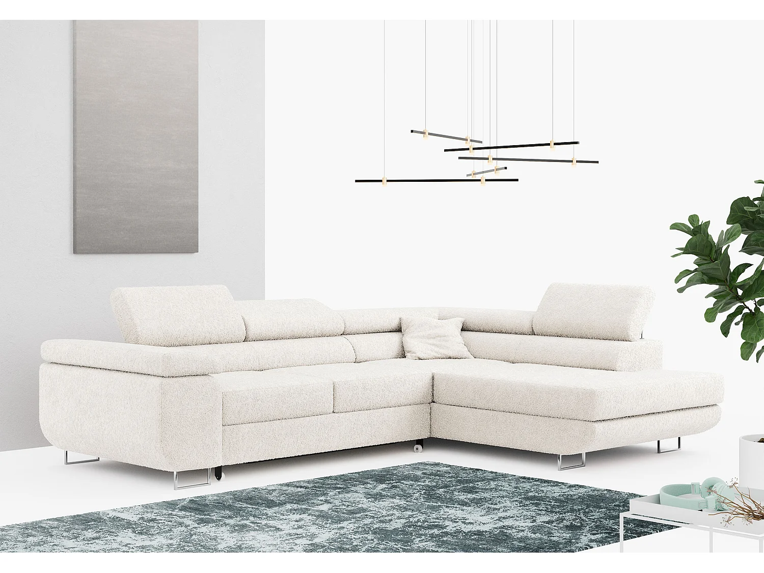 Ecksofa GUSTAW - mit Schlaffunktion, verstellbare Kopfstützen, Metallbeine - Weiß Boucle - Ecke Rechts