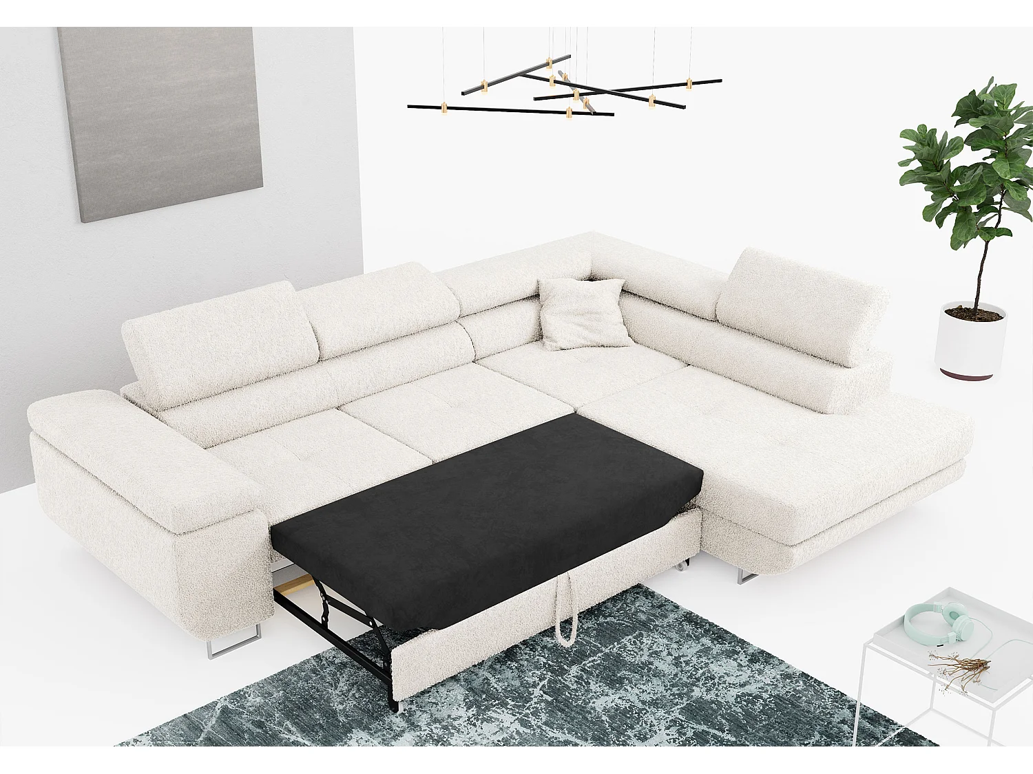 Ecksofa GUSTAW - mit Schlaffunktion, verstellbare Kopfstützen, Metallbeine - Weiß Boucle - Ecke Rechts