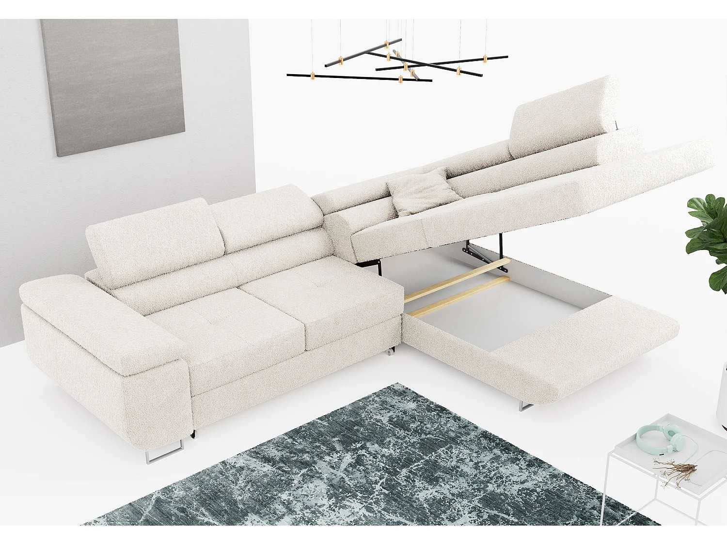 Ecksofa GUSTAW - mit Schlaffunktion, verstellbare Kopfstützen, Metallbeine - Weiß Boucle - Ecke Rechts