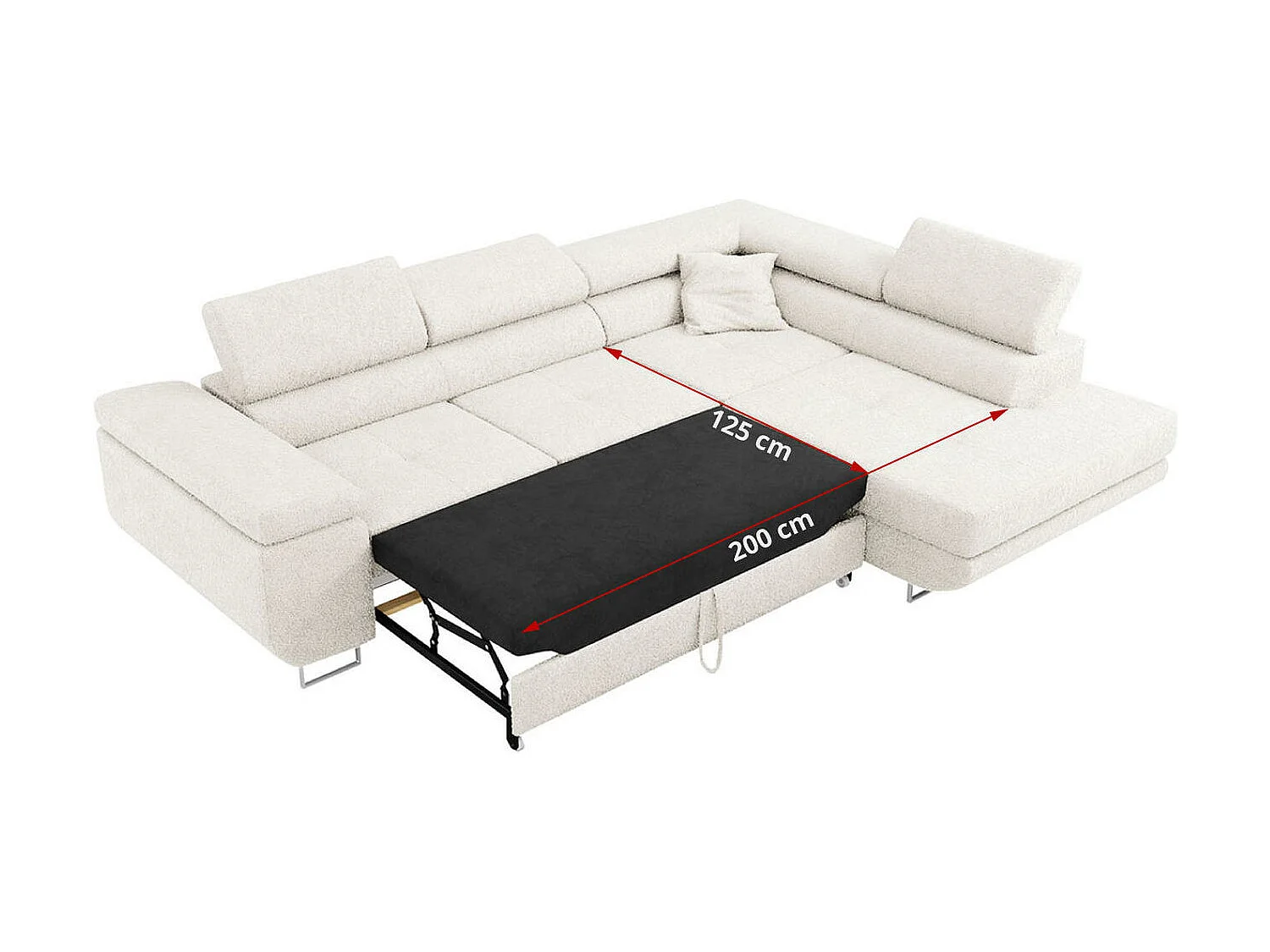 Ecksofa GUSTAW - mit Schlaffunktion, verstellbare Kopfstützen, Metallbeine - Weiß Boucle - Ecke Rechts