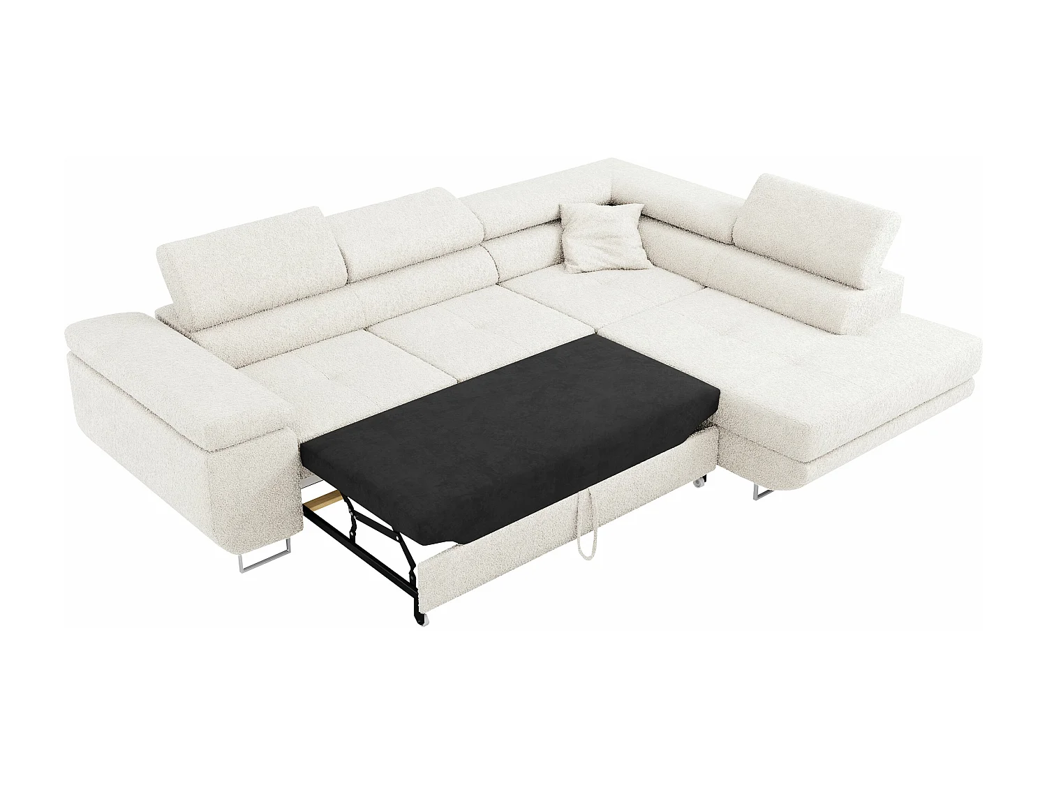 Ecksofa GUSTAW - mit Schlaffunktion, verstellbare Kopfstützen, Metallbeine - Weiß Boucle - Ecke Rechts