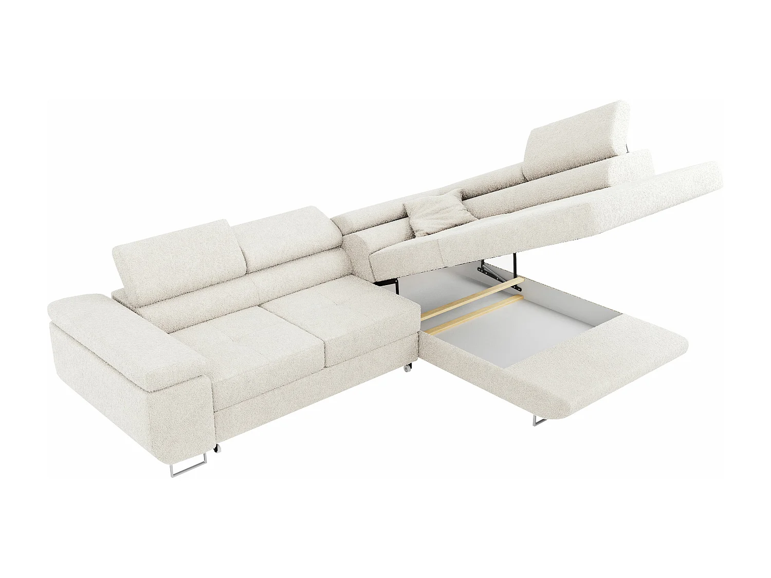 Ecksofa GUSTAW - mit Schlaffunktion, verstellbare Kopfstützen, Metallbeine - Weiß Boucle - Ecke Rechts