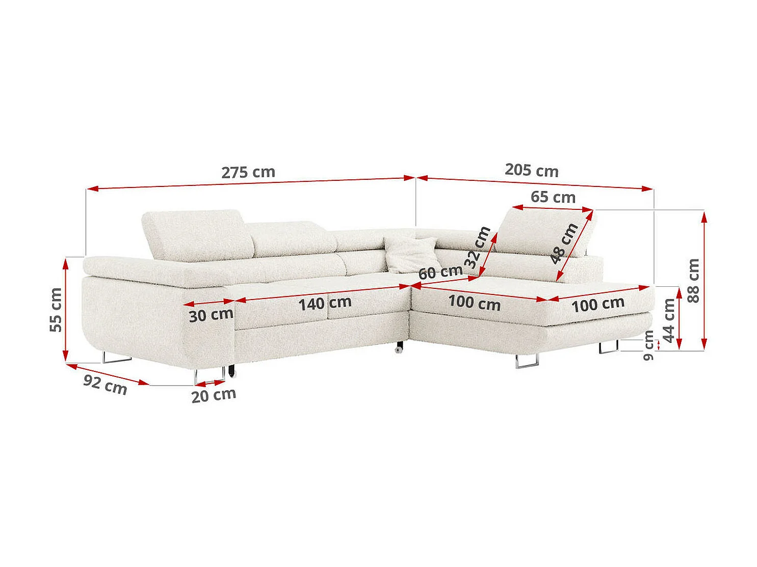 Ecksofa GUSTAW - mit Schlaffunktion, verstellbare Kopfstützen, Metallbeine - Weiß Boucle - Ecke Rechts