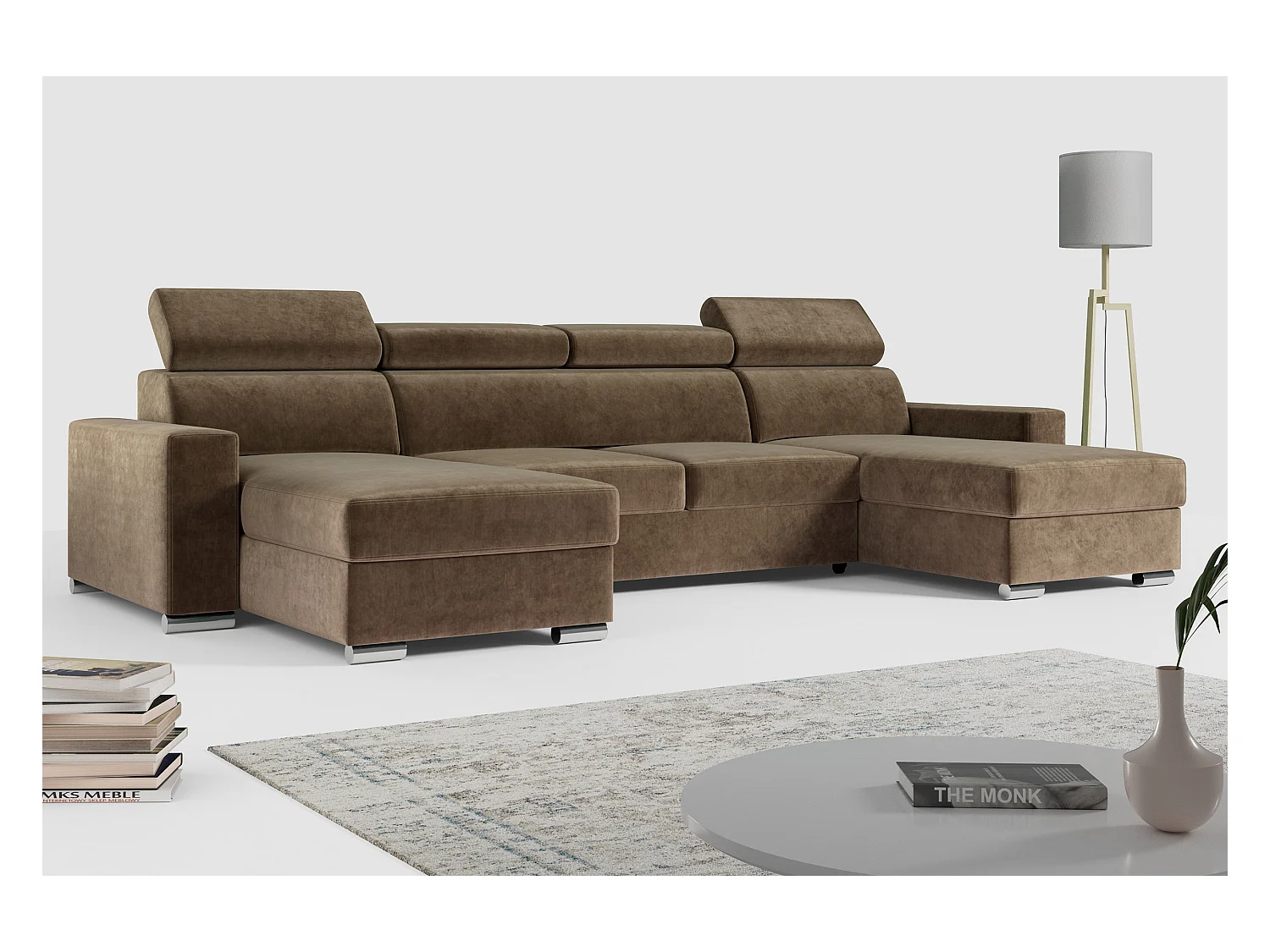 Ecksofa FOX U - verstellbare Kopfstützen, zwei Bettkästen, L-förmige Ecke mit Schlaffunktion, Armlehnen - Braun, Velvet