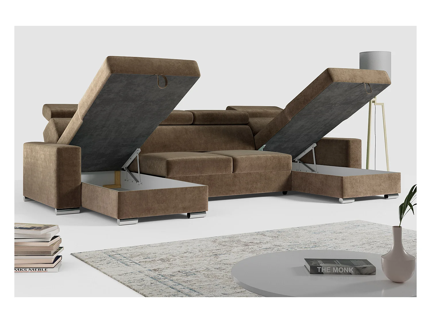 Ecksofa FOX U - verstellbare Kopfstützen, zwei Bettkästen, L-förmige Ecke mit Schlaffunktion, Armlehnen - Braun, Velvet