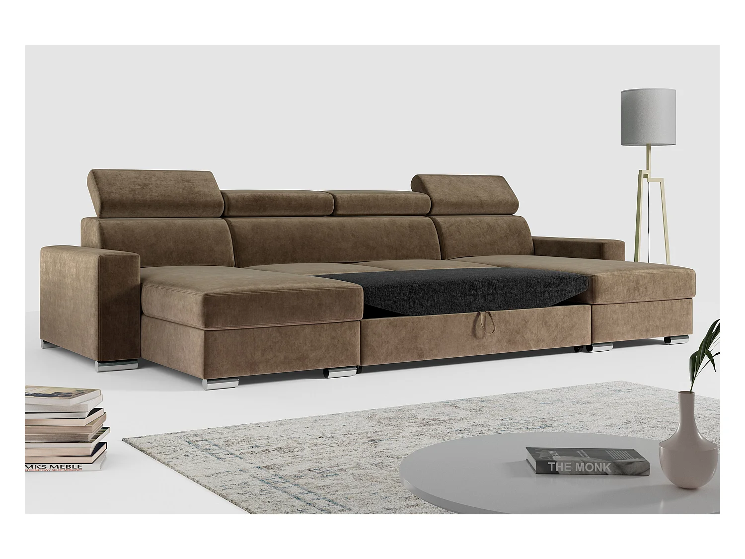 Ecksofa FOX U - verstellbare Kopfstützen, zwei Bettkästen, L-förmige Ecke mit Schlaffunktion, Armlehnen - Braun, Velvet