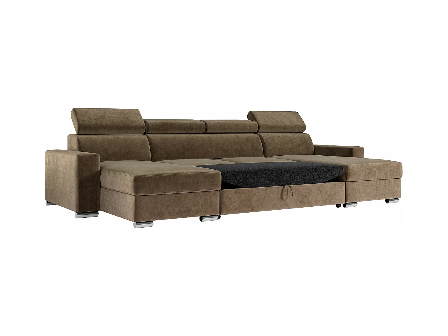 Ecksofa FOX U - verstellbare Kopfstützen, zwei Bettkästen, L-förmige Ecke mit Schlaffunktion, Armlehnen - Braun, Velvet