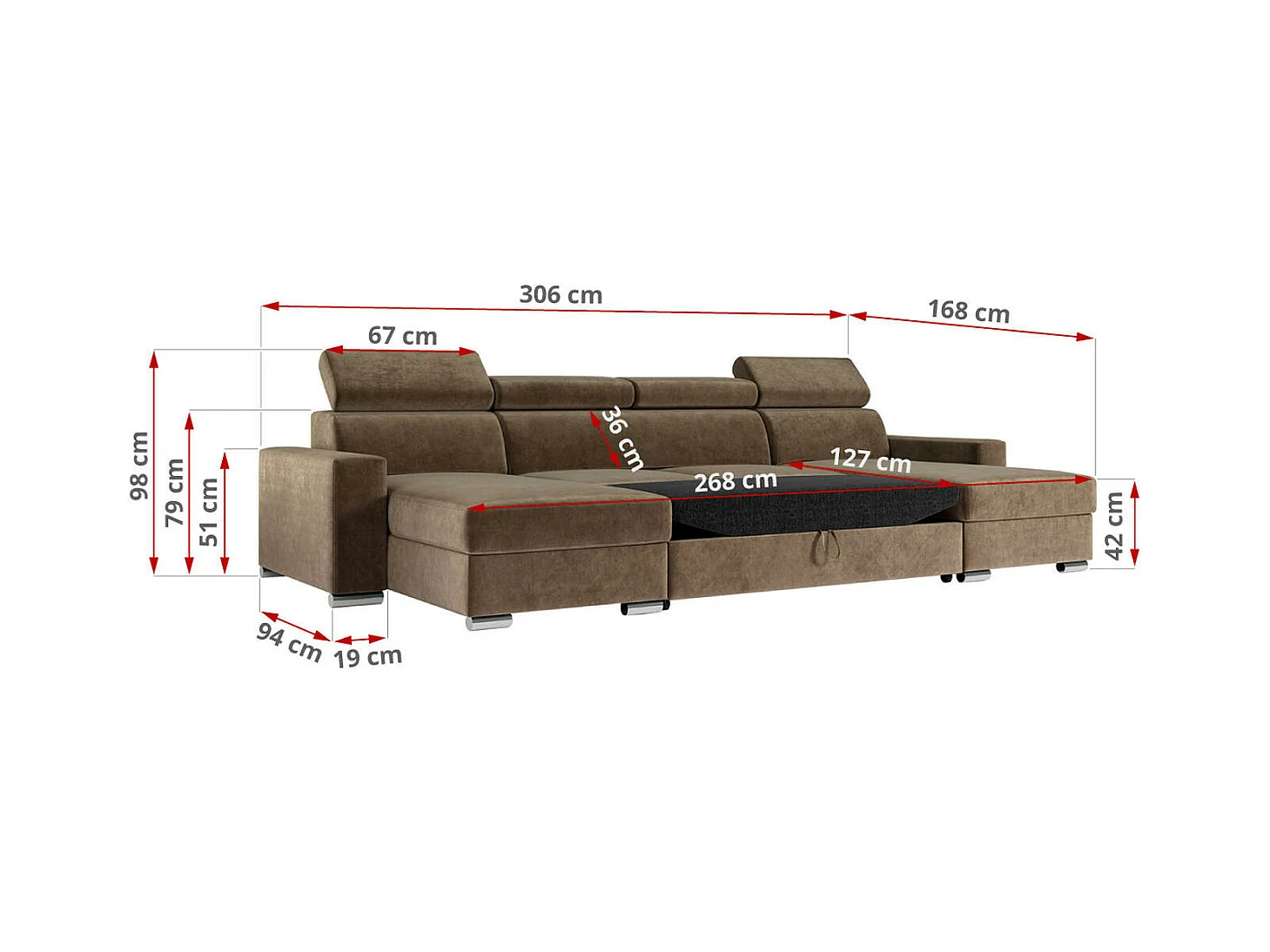 Ecksofa FOX U - verstellbare Kopfstützen, zwei Bettkästen, L-förmige Ecke mit Schlaffunktion, Armlehnen - Braun, Velvet