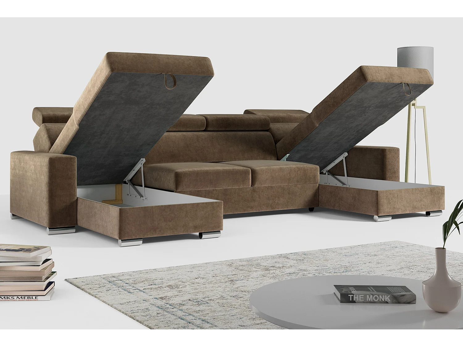 Ecksofa FOX U - verstellbare Kopfstützen, zwei Bettkästen, L-förmige Ecke mit Schlaffunktion, Armlehnen - Braun, Velvet