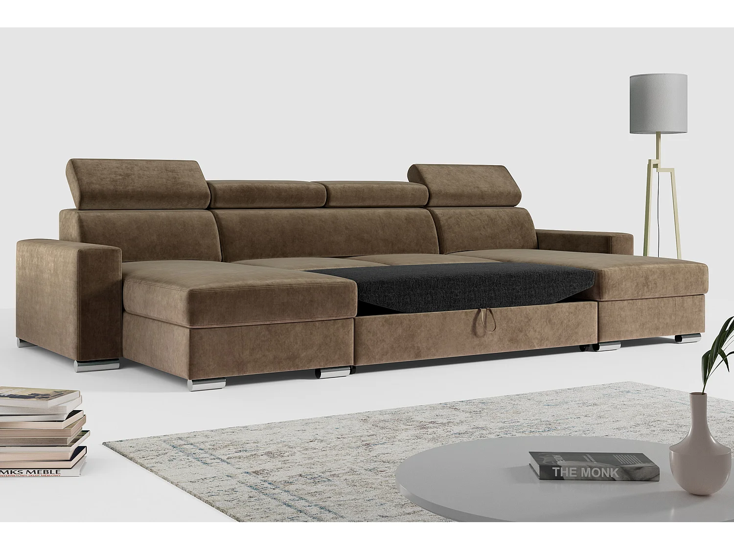 Ecksofa FOX U - verstellbare Kopfstützen, zwei Bettkästen, L-förmige Ecke mit Schlaffunktion, Armlehnen - Braun, Velvet