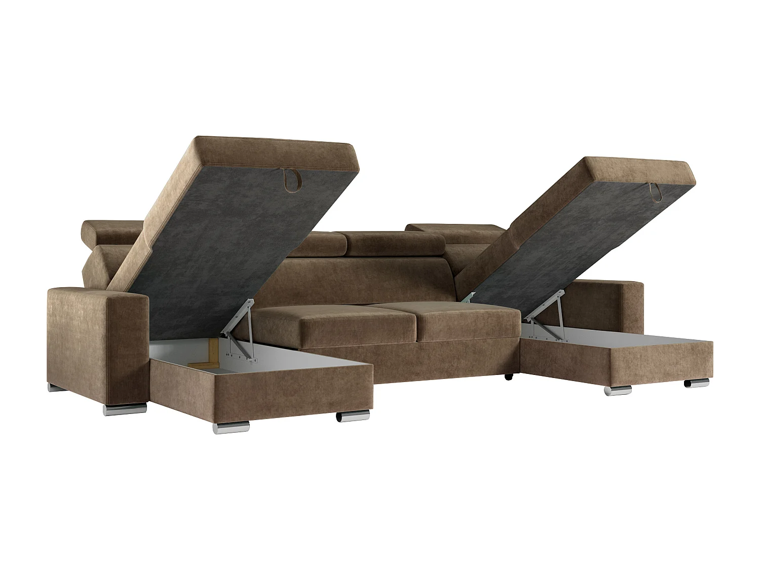 Ecksofa FOX U - verstellbare Kopfstützen, zwei Bettkästen, L-förmige Ecke mit Schlaffunktion, Armlehnen - Braun, Velvet